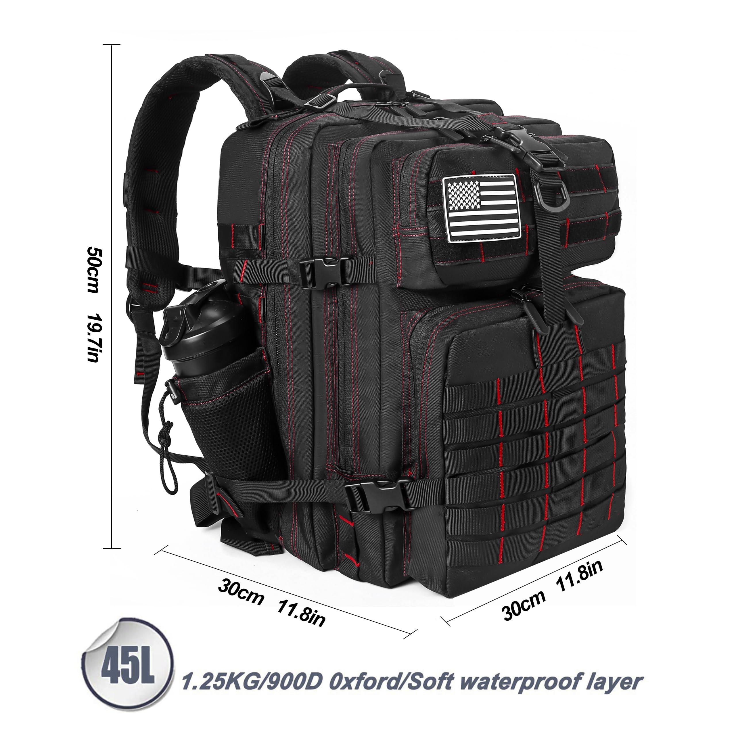 LHI LHI Military Tactical Backpack for Men and Women 45L Army 3 Days Assault Pack Bag Large Rucksack with Molle System - Black with Red Line