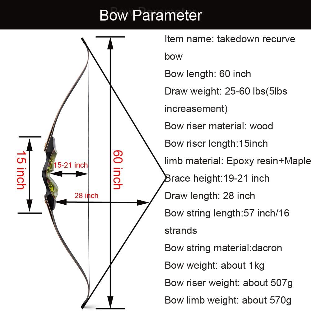 AMEYXGS 60 Inch Takedown Recurve Bow 25-60 Lbs American Hunting Bow Wood Riser Right Hand Longbow for Adult Beginner Hunting Target Practice (60 Lbs, Wine red Set)