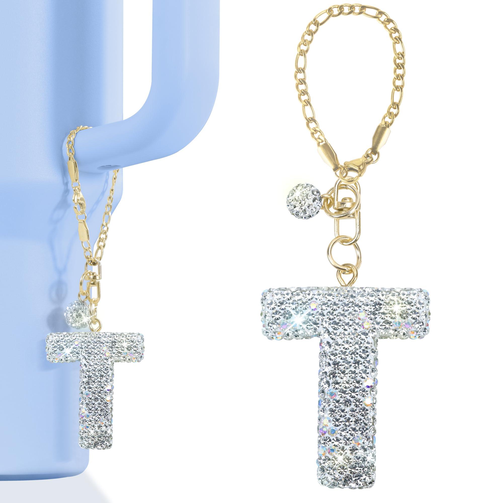 Mokoart Mokoart Glitter Letter Charms for Stanley Cup, Water Bottle Charms for HydroJug Traveler & Stanley Tumbler with Handle, Cute Initial Name ID with Bling Letter for Stanley Cup Accessories (T)