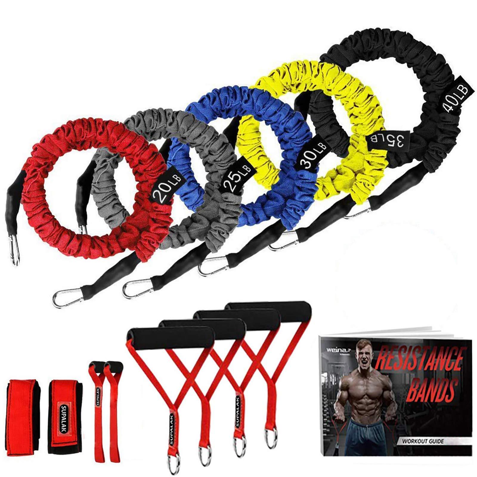 SUPALAK Resistance Bands, 15 Pieces Exercise Elastic Bands Set, 20lbs to 40lbs Resistance Tubes with Heavy Duty Protective Nylon Sleeves Anti-Snap for Fitness SUPALAK