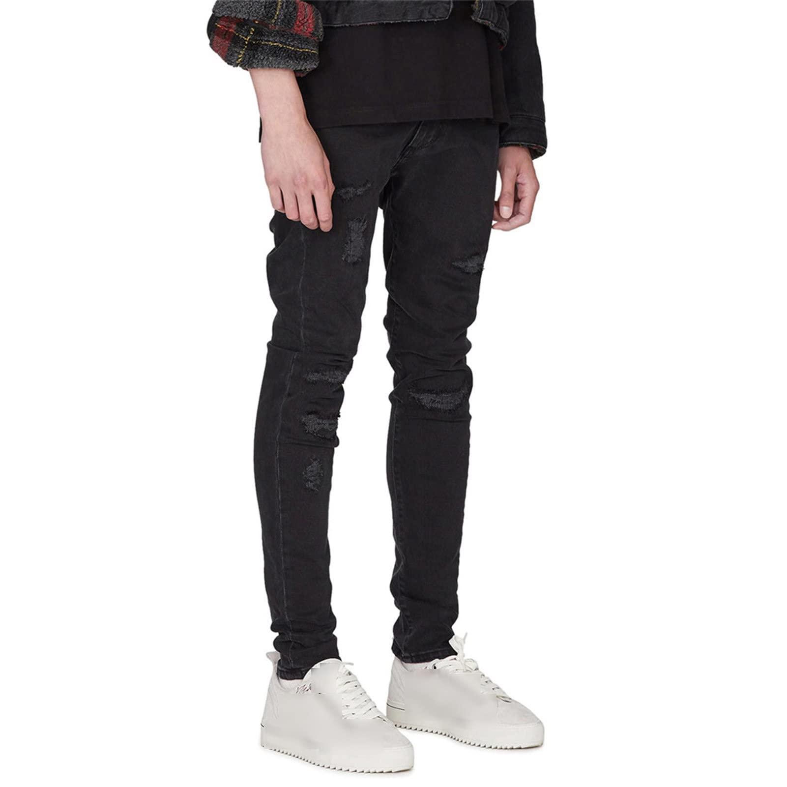 JEsilunmaMY JEsilunmaMY Mens Ripped Denim Pants Mid Waist Slim Fit Stretch Skinny Pencil Jeans Distressed Destroyed Casual Jean Trousers (Black,28)