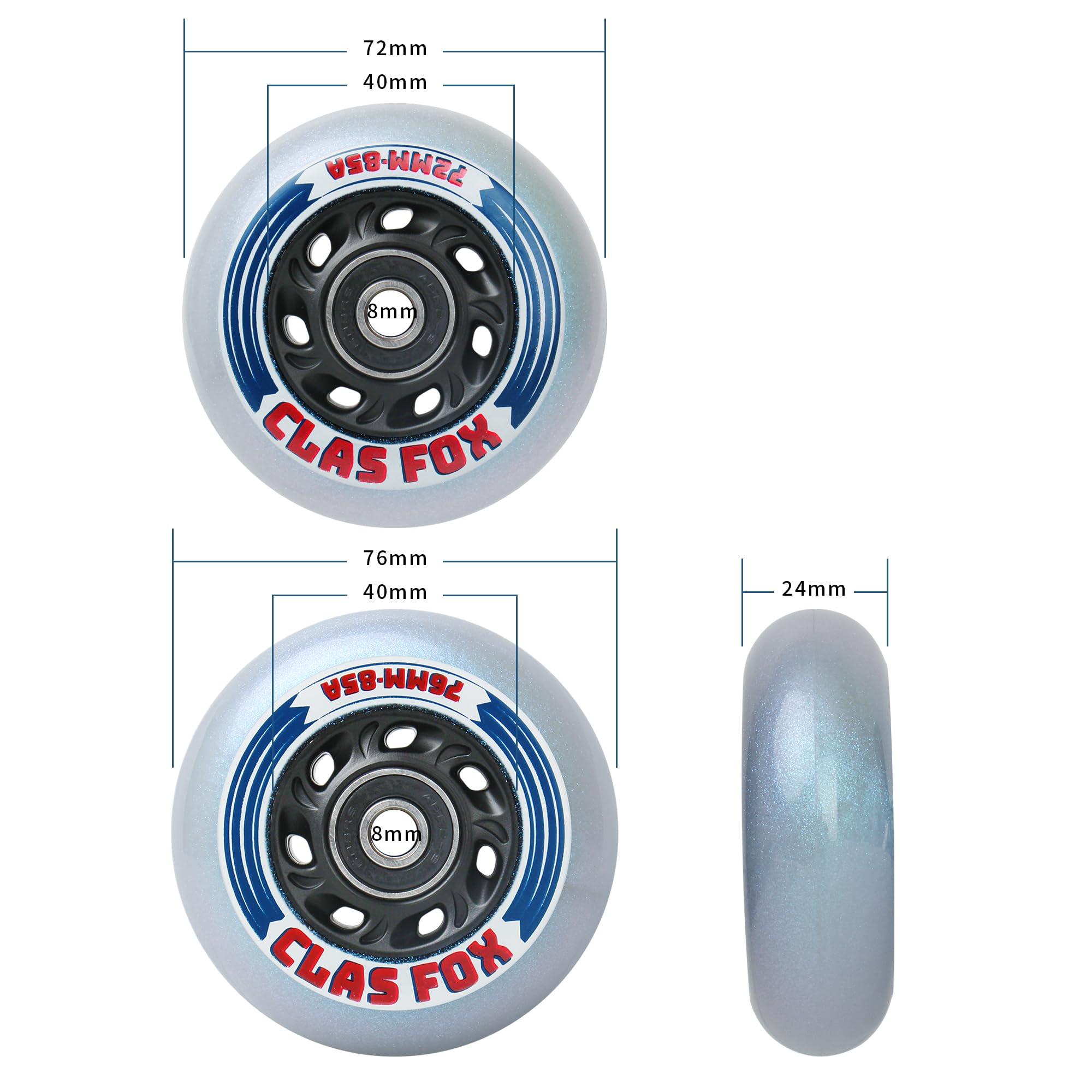 CLAS FOX CLAS FOX Inline Skate Replacement Wheels With Wheels Bag 72mm/76mm with Bearings ABEC-9 and Floating Spacers for Blades Roller Hockey Skates, 85A Indoor & Outdoor (8-Pack) (76MM)
