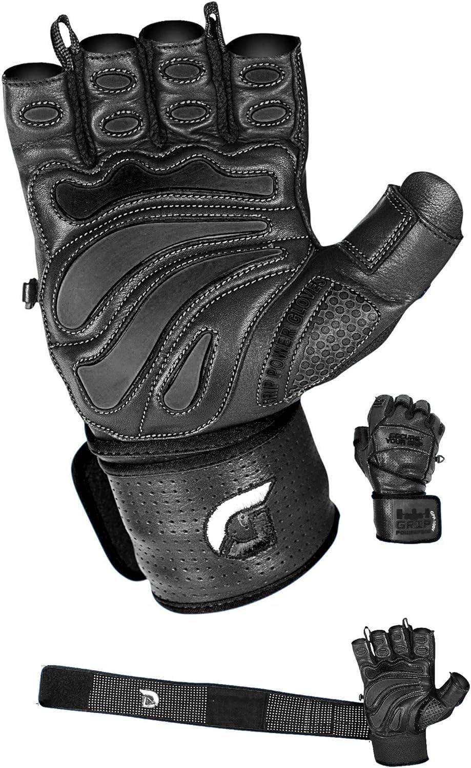 Grip Power Pads Elite Leather Gym Gloves with Built in 2" Wide Wrist Wraps Best Leather Glove Design for Weight Power Lifting Bodybuilding & Strength Training Workout Exercises (Black, Large)
