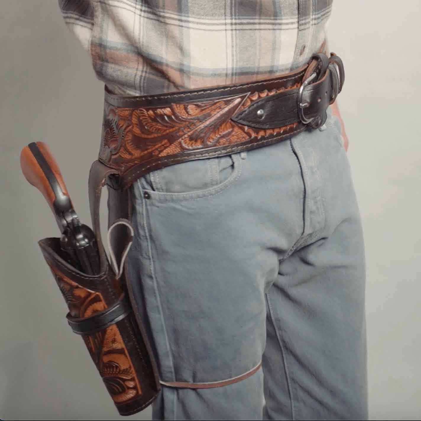 Open Road Goods 22 Caliber Western Leather Gun Holster & Belt - Cowboy Style Single Drop Rig Standard Barrel - Authentic Handmade Hand Tooled .22 Cal (Brown, 34)