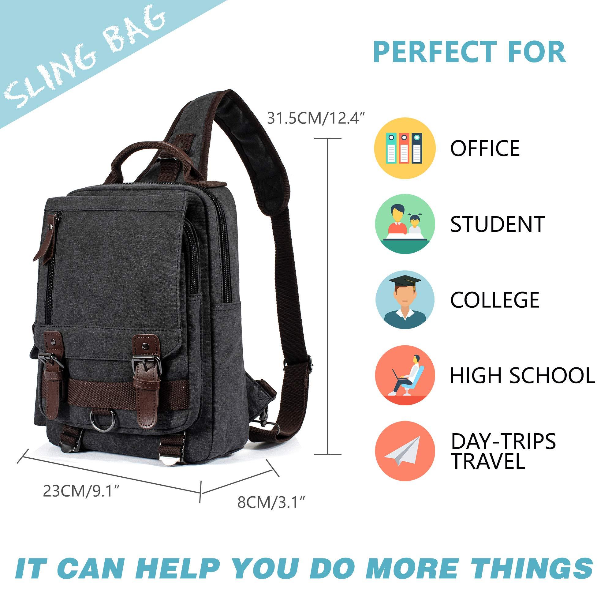 H HIKKER-LINK H HIKKER-LINK Canvas Messenger Bag Crossbody Shoulder Backpack Sling Bag Rucksack Daypack Casual Travel Medium Black