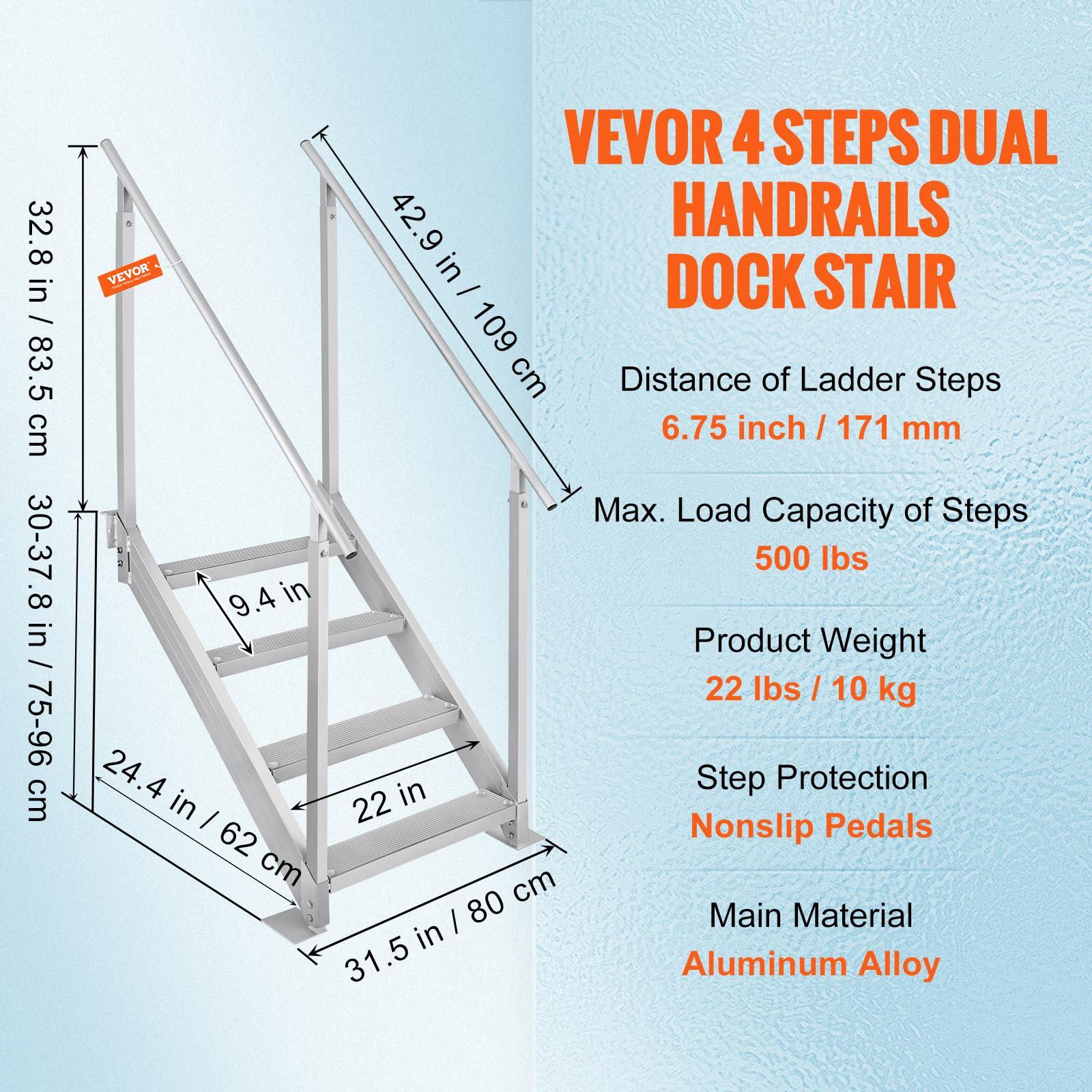 VEVOR VEVOR Dock Stairs 4 Steps, 500lbs Load Pool Steps, Adjustable Height Aluminum Dock Ladders, Pontoon Boat Ladder with Handrails & Widen Nonslip Pedals for Lake/Pool/Marine Boarding/RV/House