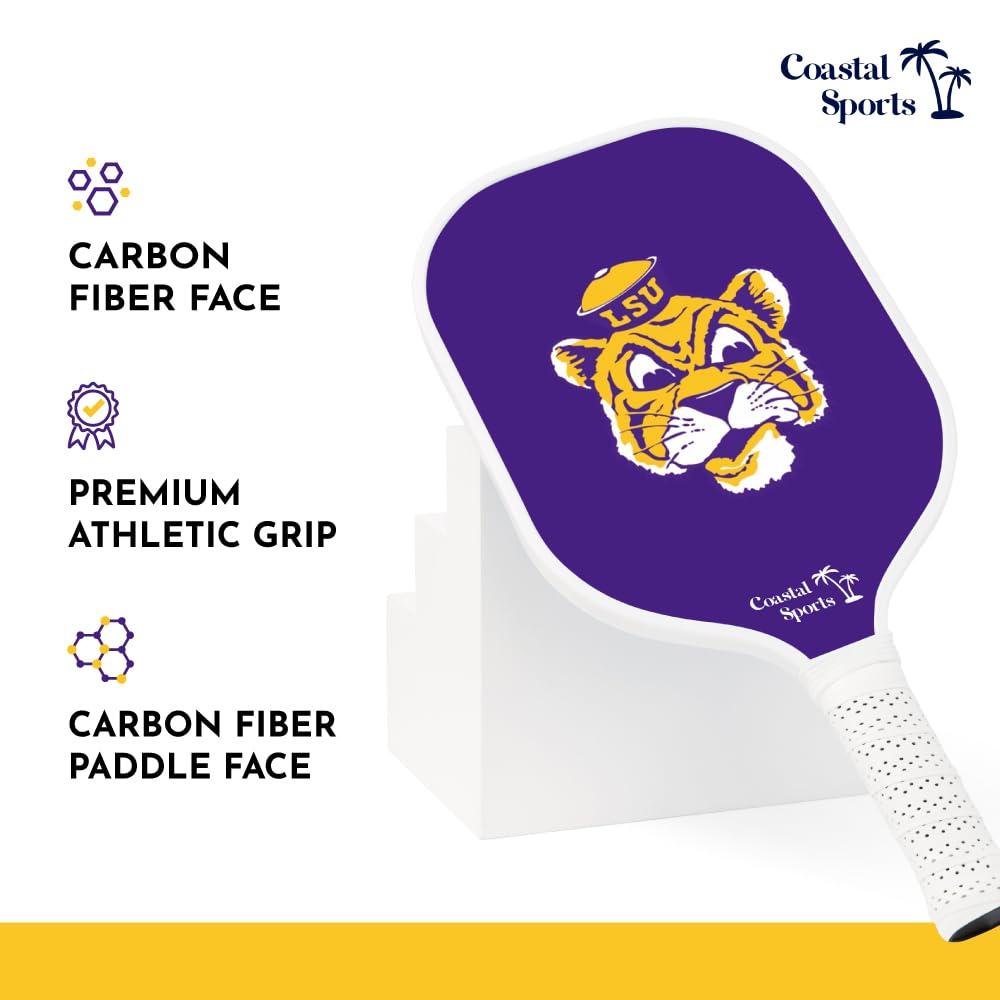 Coastal Sports LSU Pickleball Paddle | Officially Licensed Collegiate Pickleball Paddle | Honeycomb Polymer Core | Graphite Face | Premium Leather Grip | Lightweight