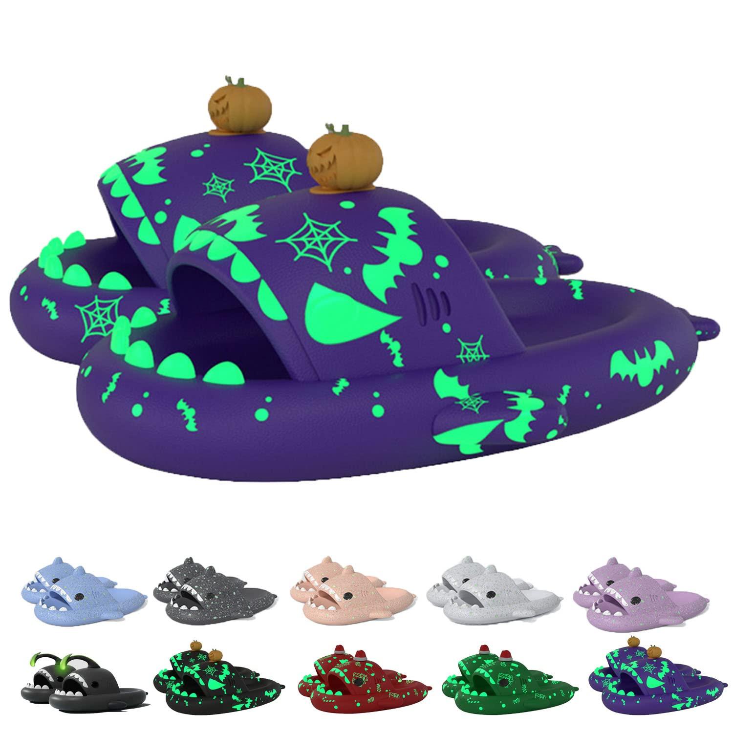 Jfxgjuv Jfxgjuv Luminous Shark Slippers, Spooky Shark Slides, Cloud Shark Slides Angler Fish Slides Glow in The Dark, Cute Cartoon Shark Slippers Non-Slip Cloud Pillow Slippers for Men Women (Purple A,42/43)