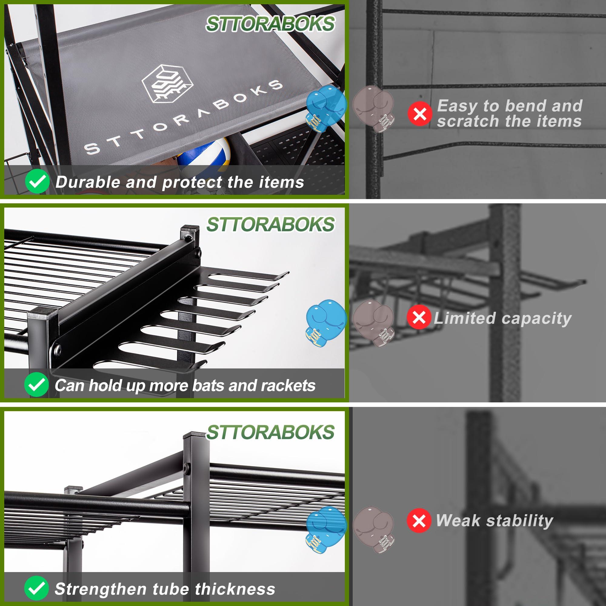 Sttoraboks Sttoraboks Garage Sports Equipment Organizer, Large Sports Storage Rack Fits 2 Golf Bags and Other Sports Equipment, Sports Ball Gear Storage Stand with Oxford Baskets and Hooks for Indoor, , Black