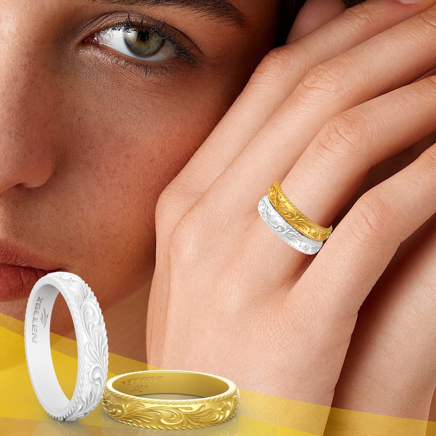 Zollen Zollen Silicone Wedding Rings for Women 4 Packs -Metallic Stackable Silicone Rubber Wedding Bands - Innovative Vine Collection, Size 11