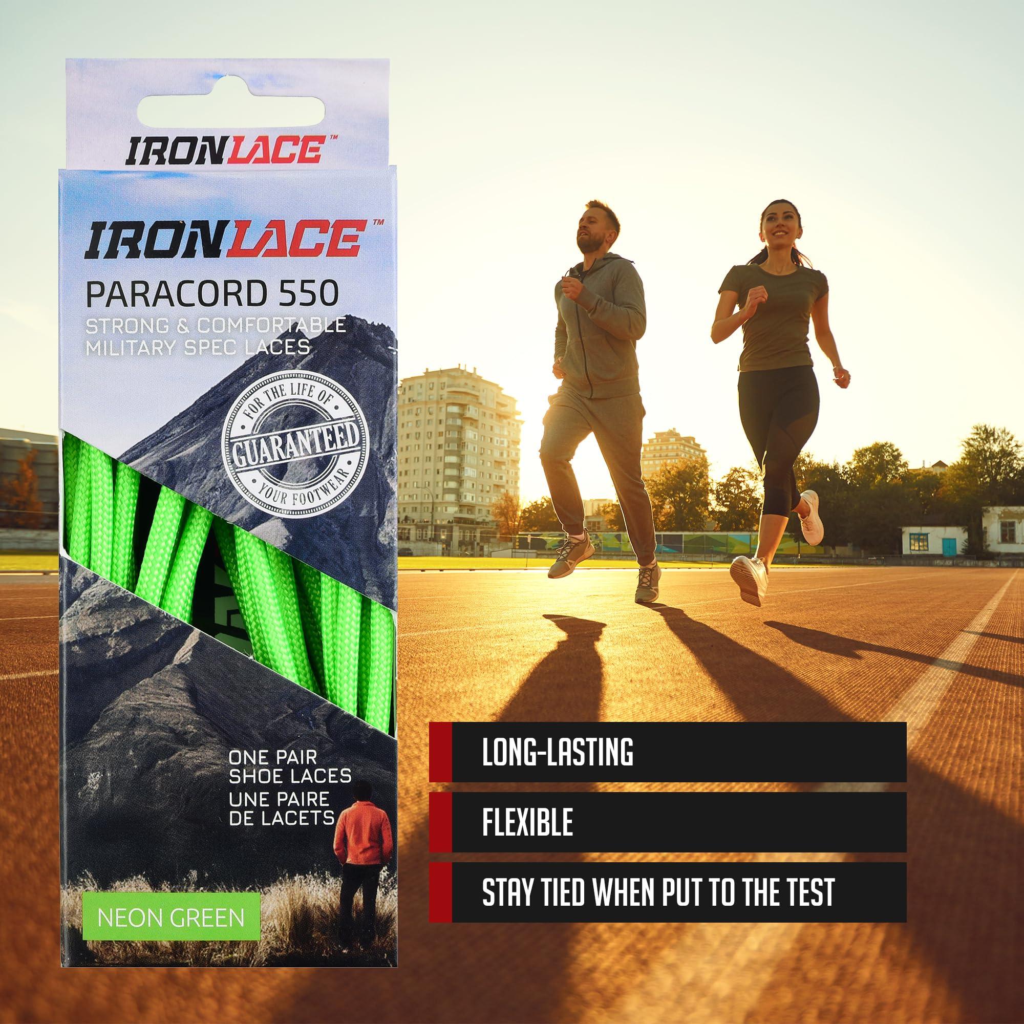 IRONLACE IRONLACE - Paracord 550 Laces Type III, Heavy-Duty, Universal Boot & Shoe Laces, Stretchable Nylon, 550-Pound Breaking Strength, Neon Green, 9/64 Inch (3.5mm) Tip Diameter, 45-Inch, 1-Pair