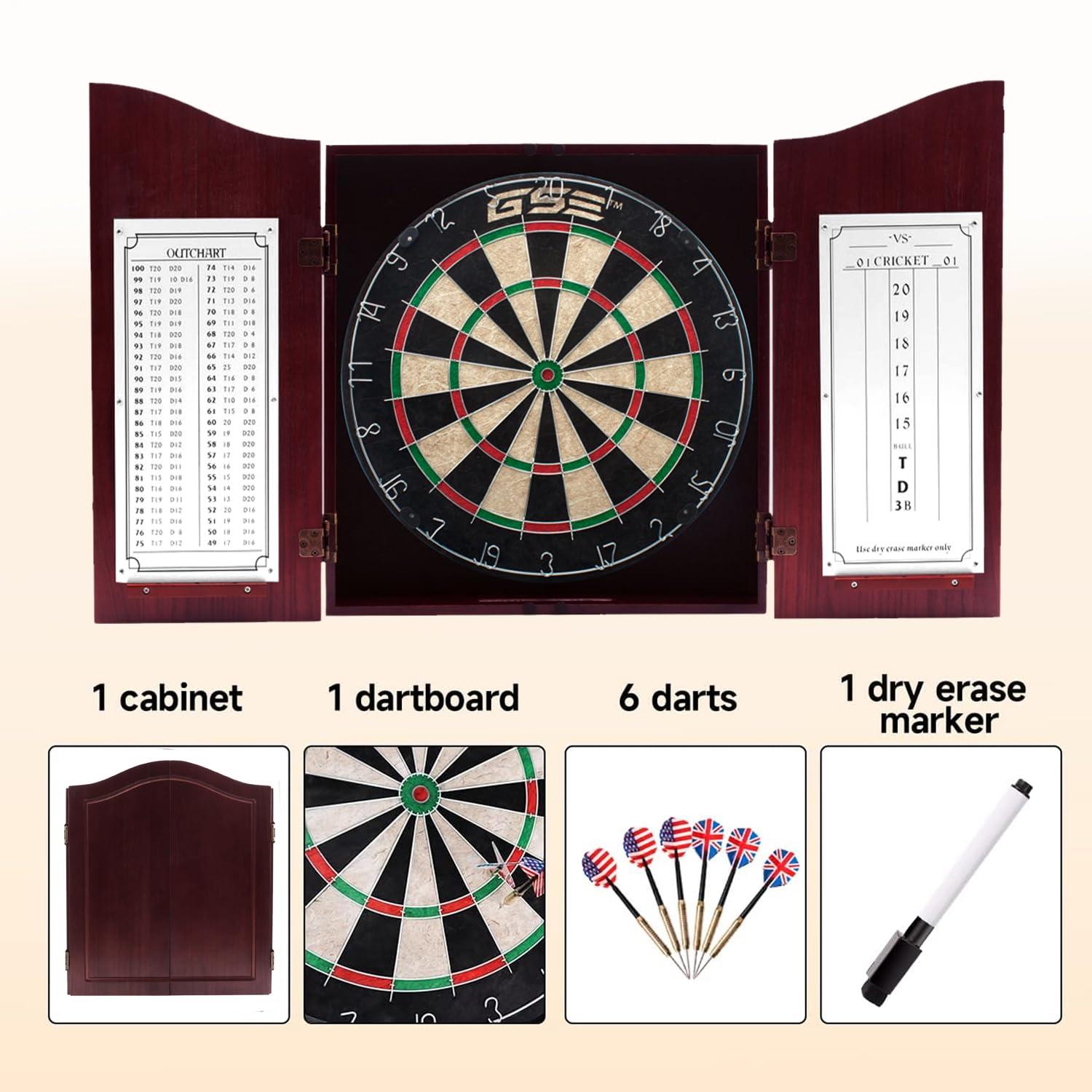 GSE Games & Sports Expert GSE Games & Sports Expert Professional Solid Wood Classic Dartboard Cabinet with Sisal/Bristle Dartboard, Scoreboard, and 6 Steel Tip Darts, Easy Assembly Complete with All Accessories (Deluxe Cherry)