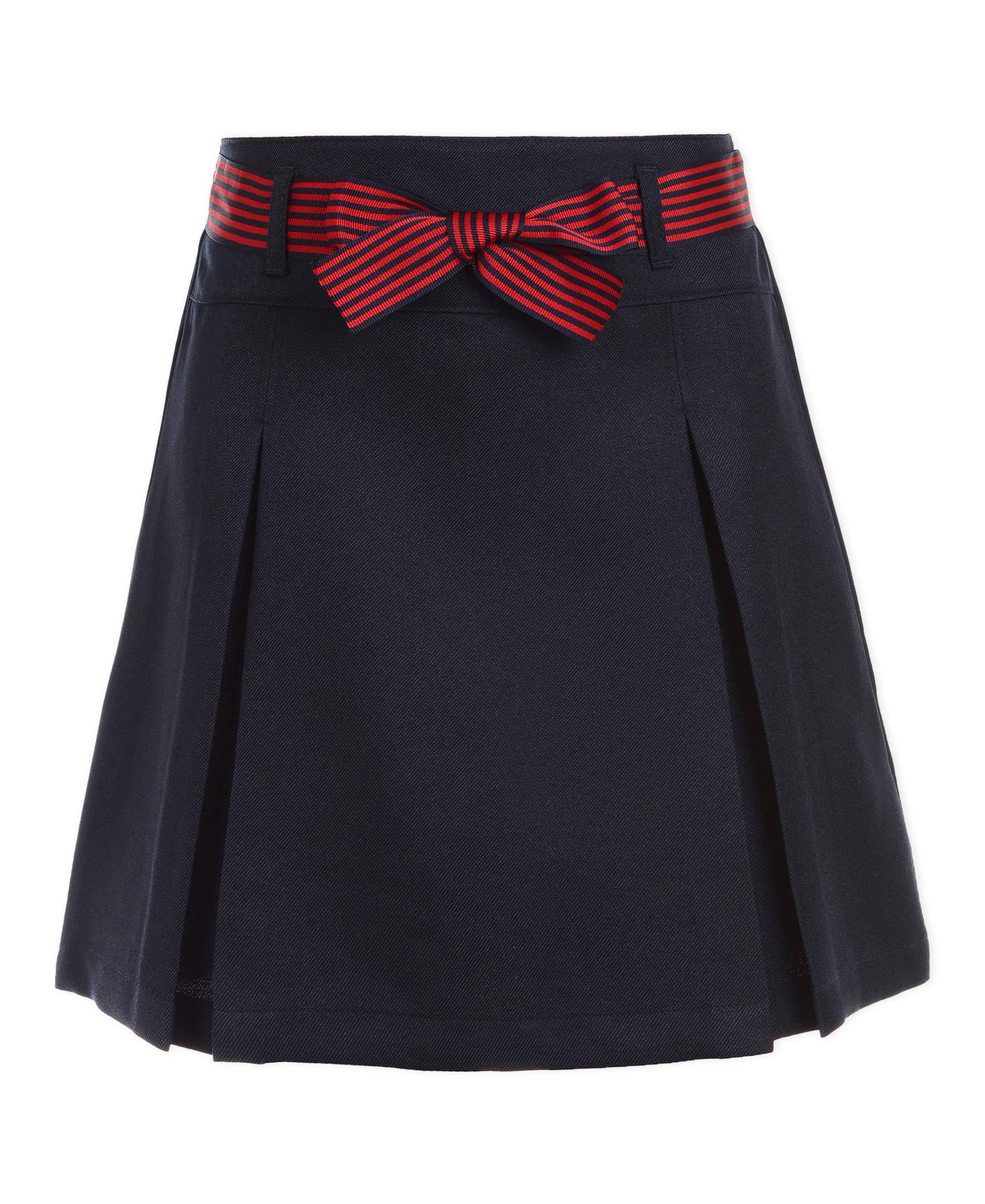 Nautica Nautica Girl's School Uniform Pleated Pull-on Scooter Skirt With Undershorts, Knit Waistband, Navy/Striped Belt, 14 Plus