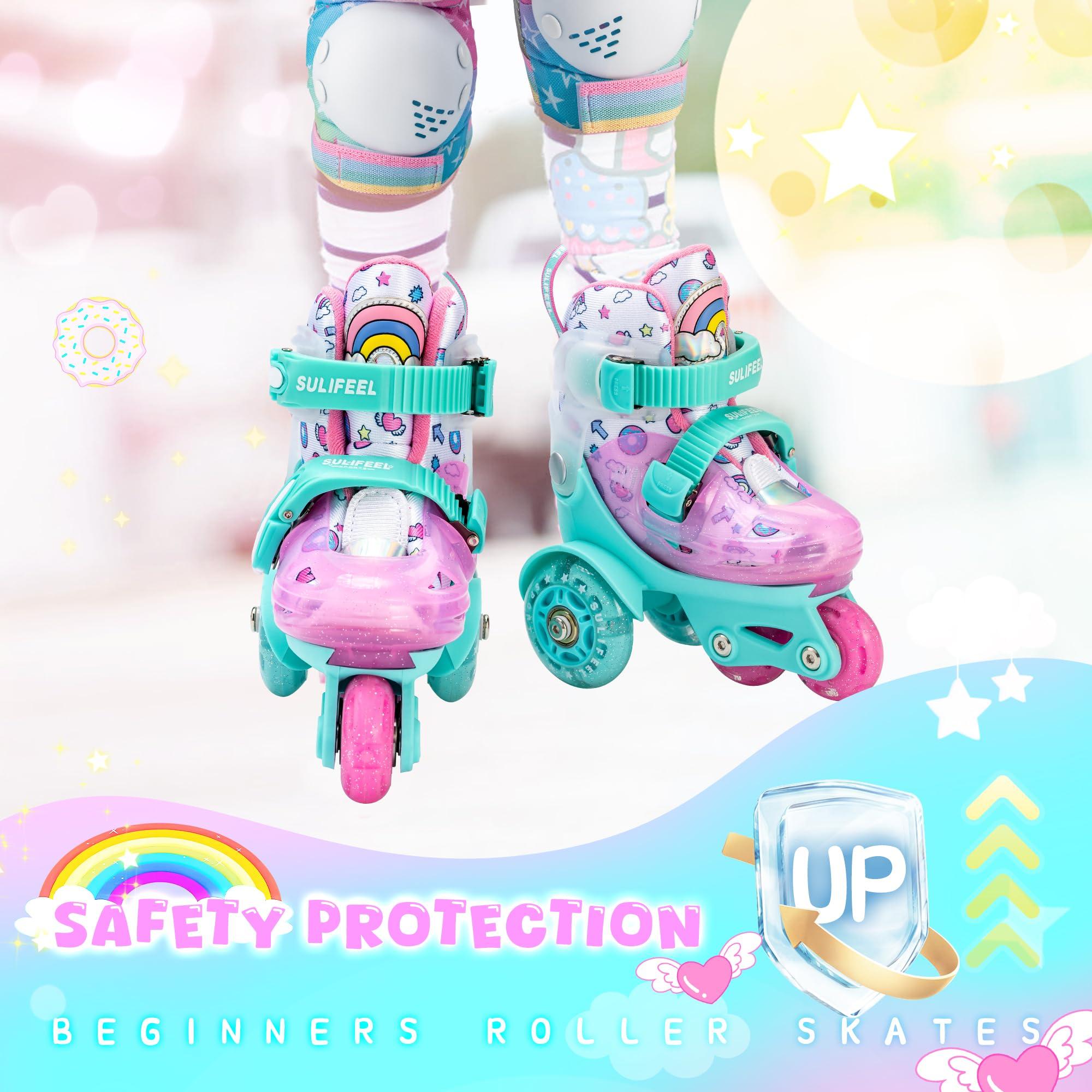 SULIFEEL SULIFEEL Adjustable Roller Skates for Girls Boys Kids,Fun Illuminating Light Up Flash Wheels Three-Point Type Balance Suitable for Beginners Indoor Roller Skating Green & Pink Size X-Small