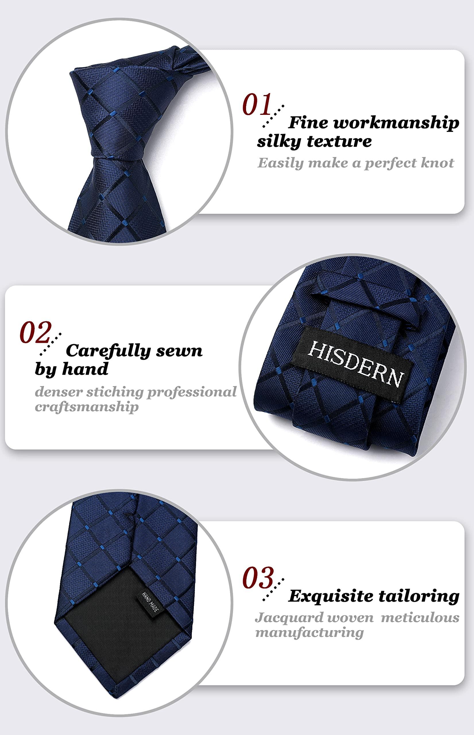 HISDERN HISDERN Plaid Blue Tie Handkerchief Woven Classic Men's Necktie & Pocket Square Set,Navy Blue,One Size