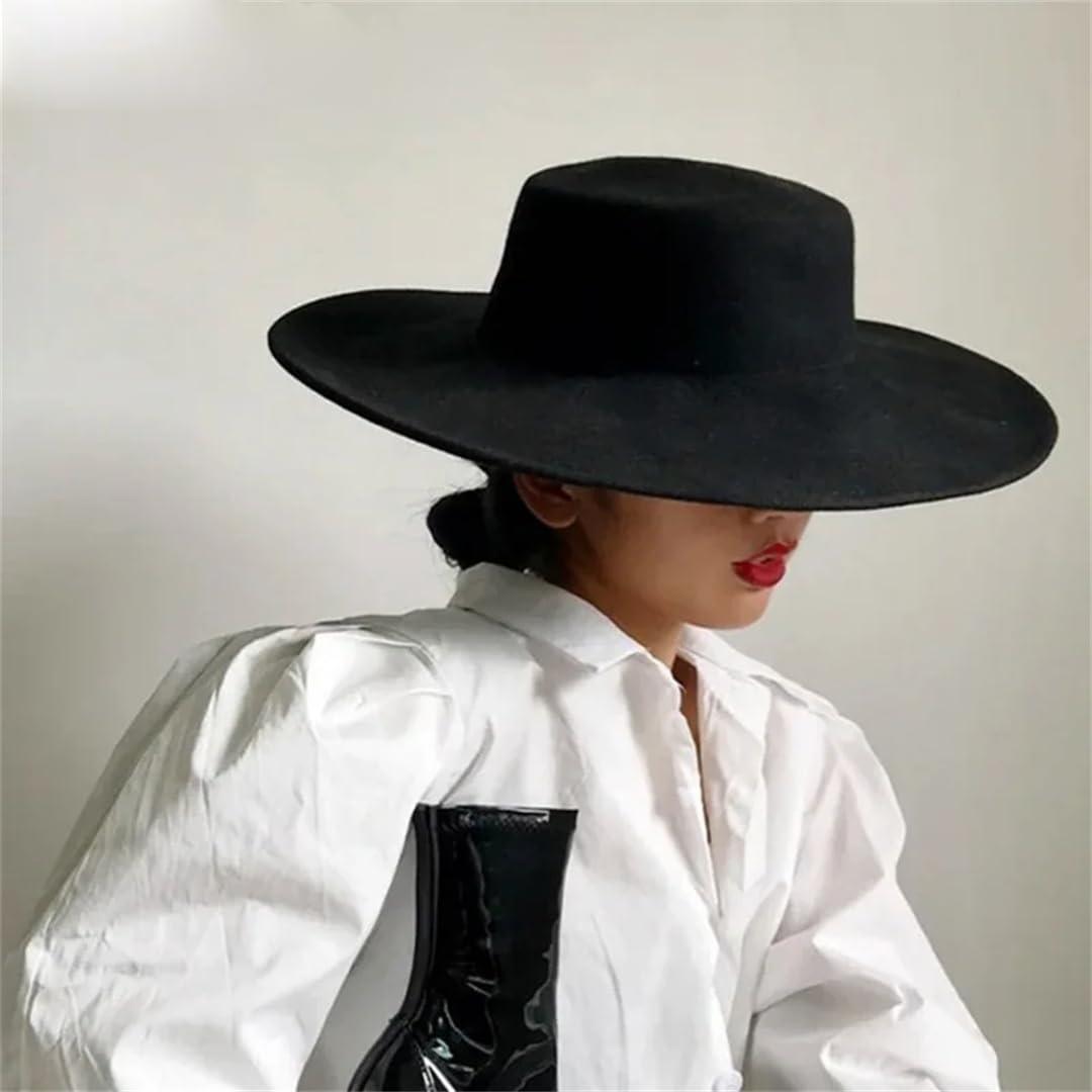 Generic French Women\'s Hat Big Wide 10CM Fedora Hat Winter Wool Wedding Jazz Hats Flat Top Felt Hat