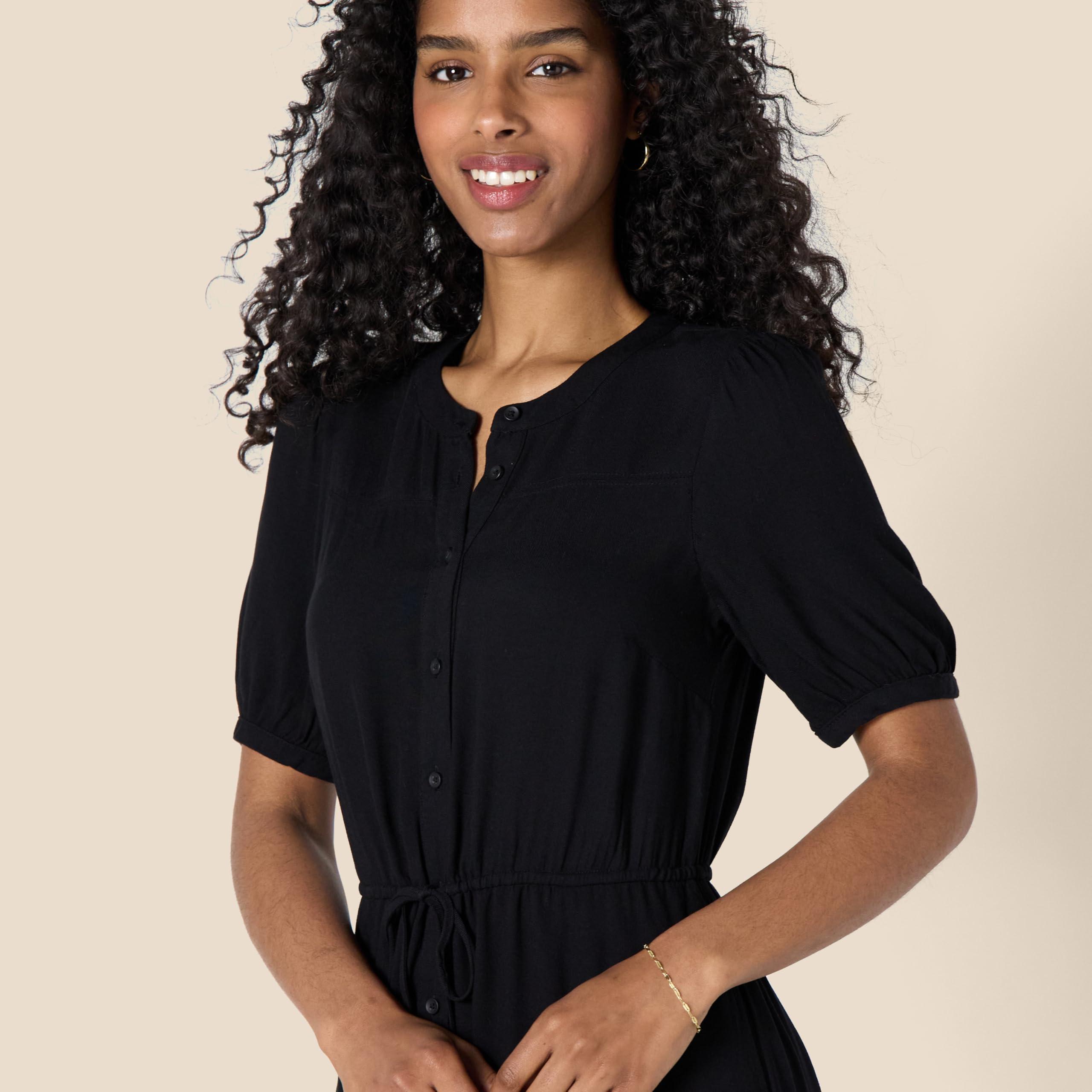 Amazon Essentials Amazon Essentials Women's Fit and Flare Half-Sleeve Waisted Midi A-Line Dress with Pockets, Black, Medium