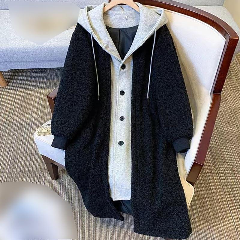 XYLAWAVE XYLAWAVE 2-Layered Faux Lambswool Hooded Coat Jacket,Women\'s Long Hooded Fleece Button Outwear,Thickened Long Windbreaker (white,XL)