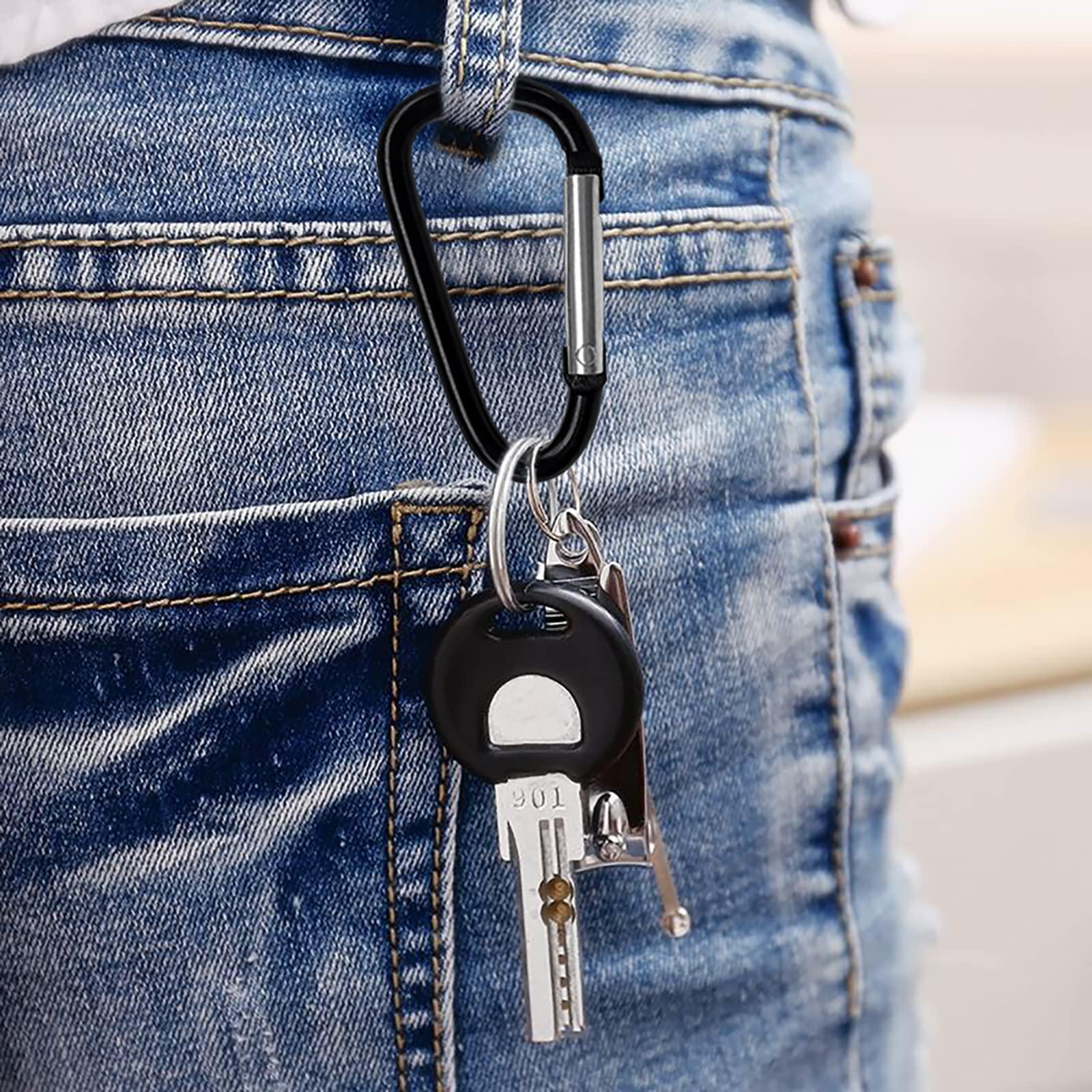 XIECHANEE XIECHANEE 30PCS Aluminum Carabiner Clips, 2\" D Shape Spring Snap Hooks Carabiner with 30PCS Keyring Keychain Hook, Black