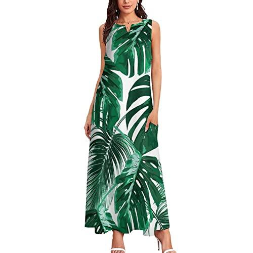 TUBIAZICOL Tropical Palm Leaves Ankle Long Maxi Dress for Women Sleeveless Summer with Pockets