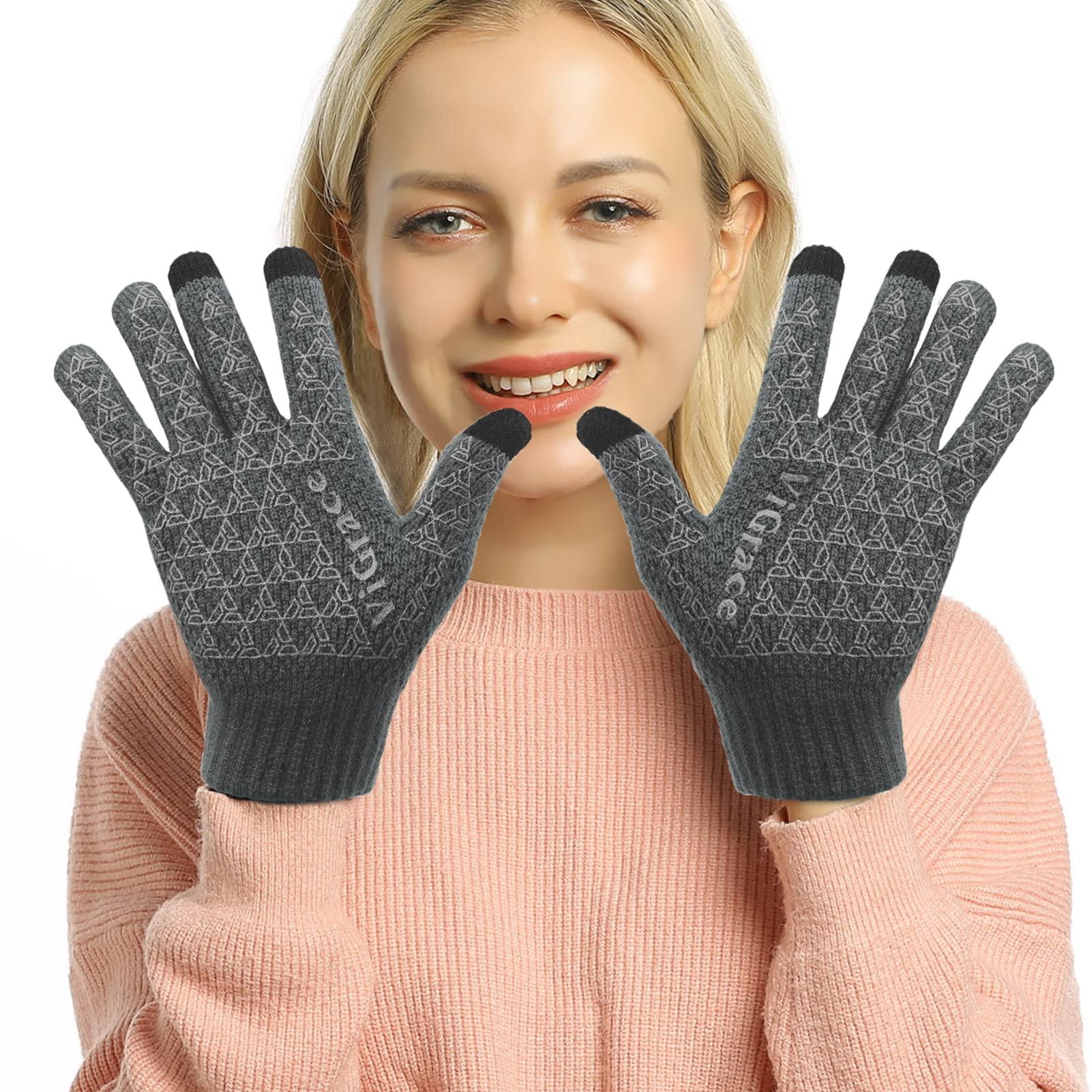 ViGrace ViGrace Winter Warm Touchscreen Gloves for Men and Women Touch Screen Fleece Lined Knit Anti-Slip Wool Glove (Gray, Large)