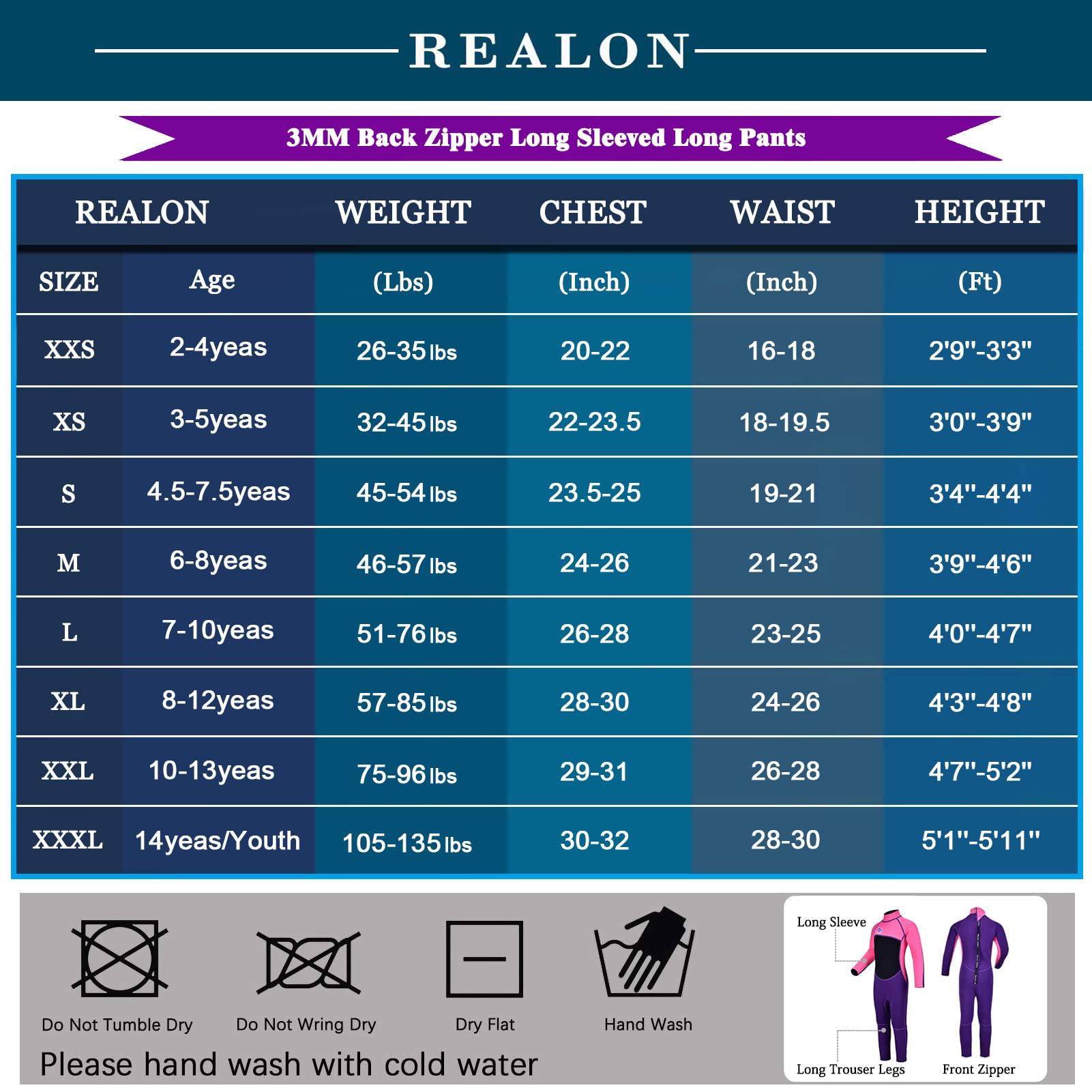 REALON REALON Kids Wetsuit for Girls Boys Toddler and Youth 3mm Neoprene Child Full Wet Suits Warm in Cold Water Thermal Swimsuit Back Zip for Swimming Diving Jet Skiing Surfing