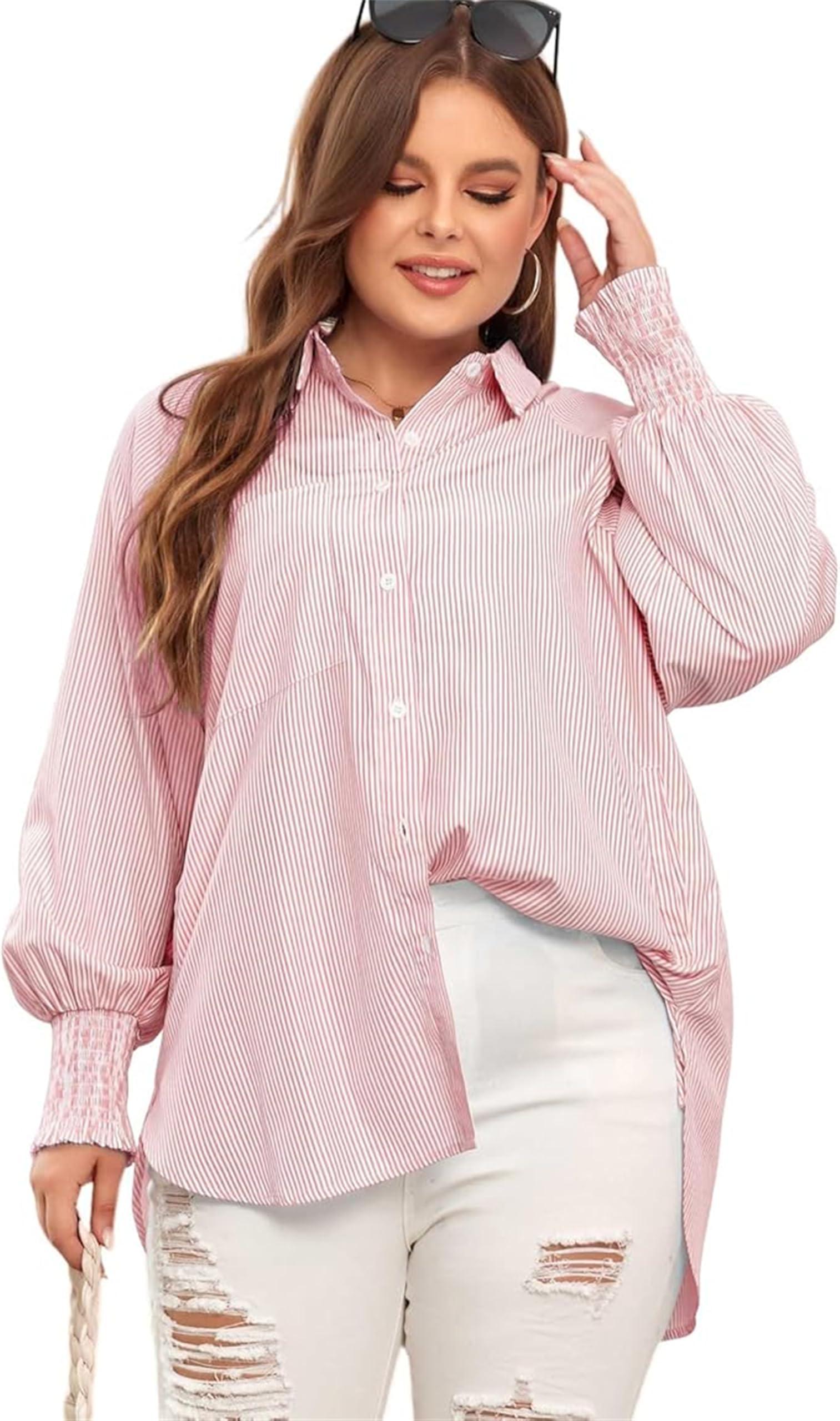 yonasu yonasu The Happy Wind Striped Shirt, The Happy Wind Blouse, Womens Smocked Cuffed Striped Boyfriend Shirt with Pockets