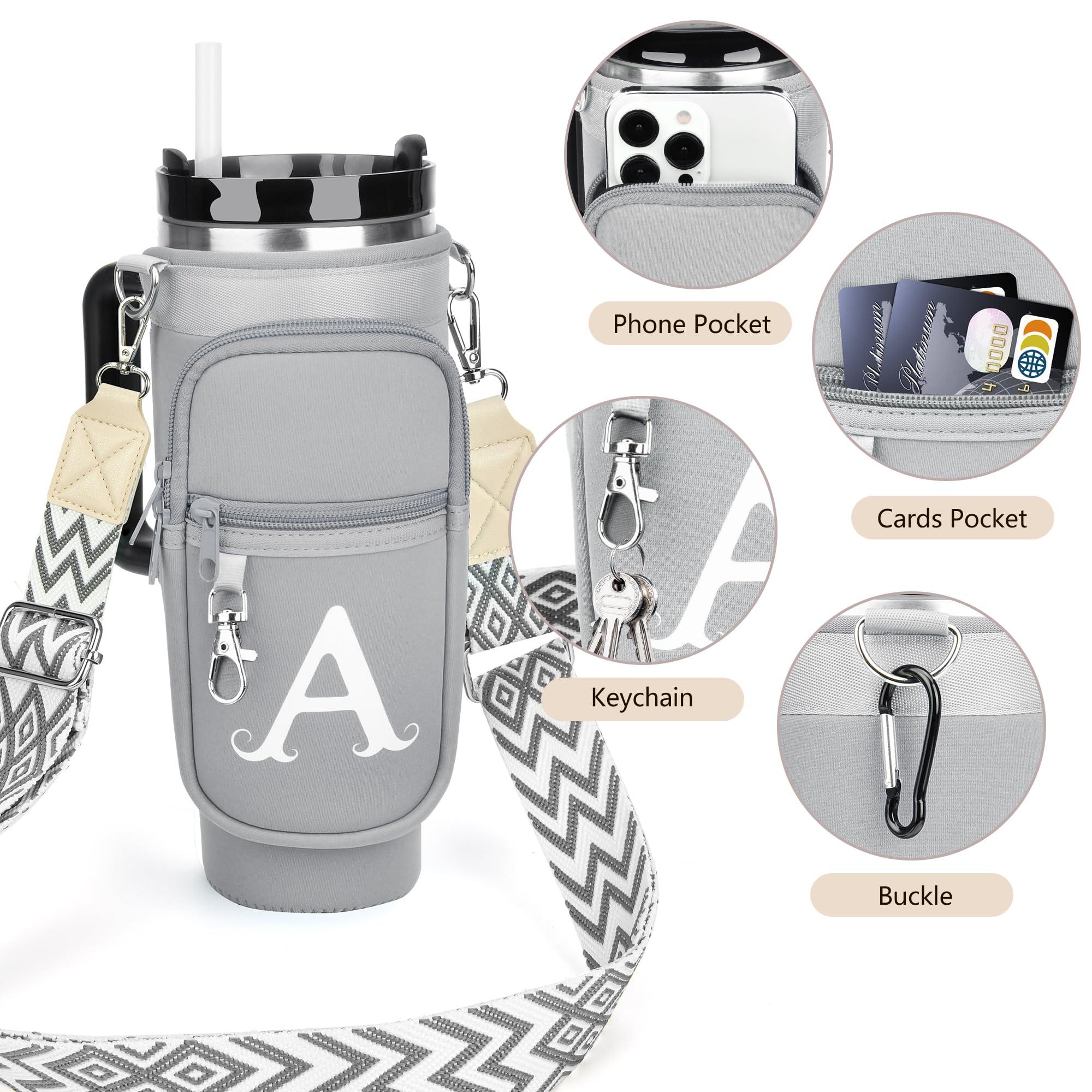 LOKASS LOKASS Water Bottle Holder with Strap for Stanley Cup 30 oz Tumbler with Handle, Personalized Initial Gift, Water Bottle Carrier Bag with Phone Pocket & Carabiner for Stanley Cup Accessories