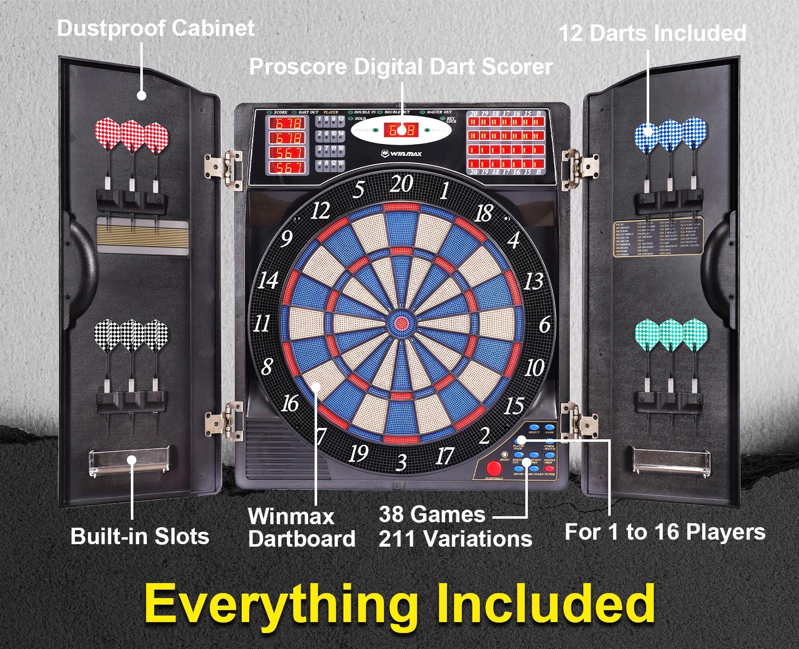 WIN.MAX WIN.MAX Electronic Dart Board Cabinet Set, LED Electric Digital Soft Tip Dart Boards for Adults with Cabinet, up to 16 Players, 38 Games and 211 Variations with 12 Soft Tip Dartboard Set (Silver)