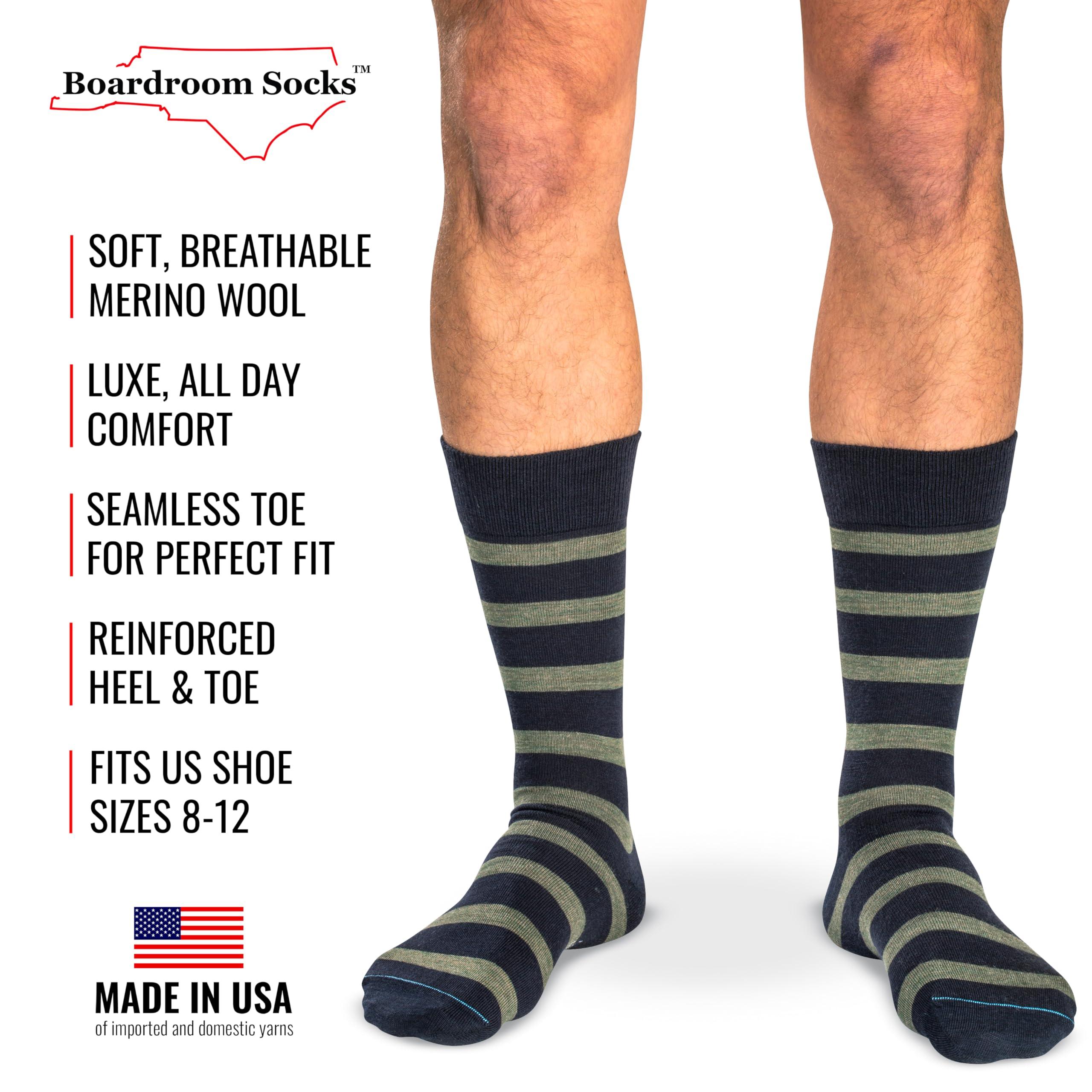 BoardroomSocks BoardroomSocks Merino Wool Mid-Calf Patterned Socks, Dress Socks for Men, Navy with Olive Stripes