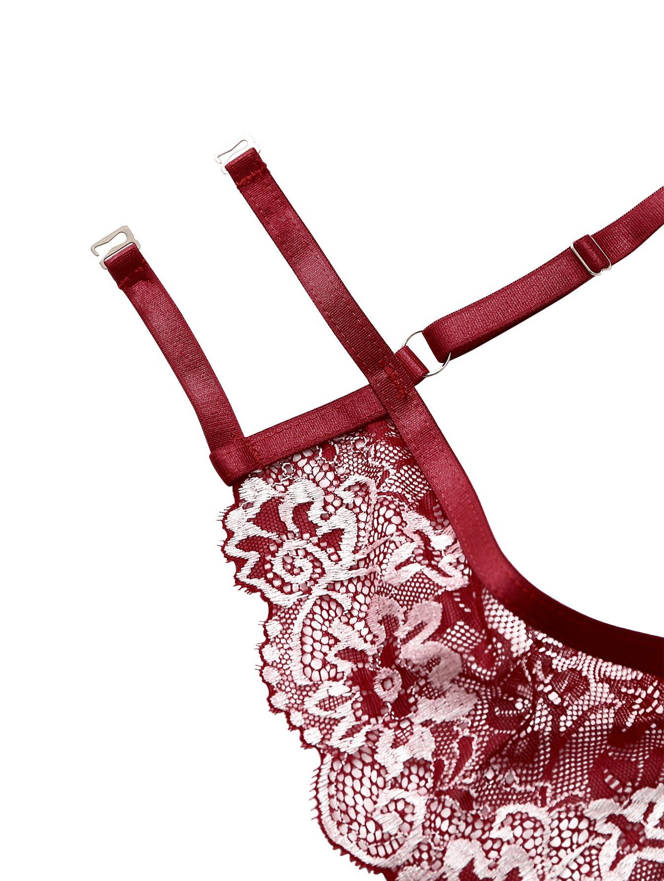 Lilosy Lilosy Petite Women's Sexy Underwire Floral Lace Sheer Bachelorette Lingerie Set See Through Bra and Panty 2 Piece Flower Burgundy Red X-Small