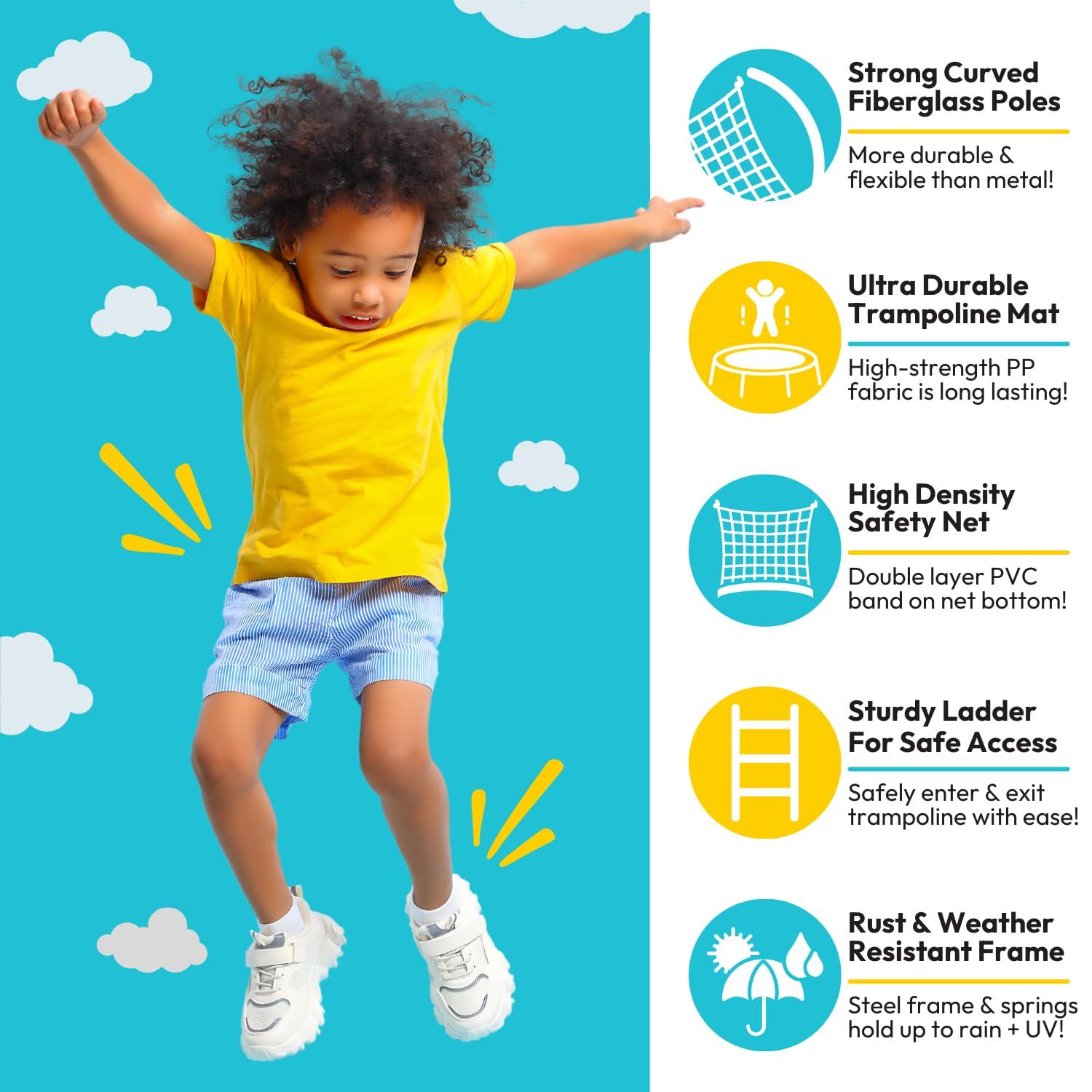 SkyBound SkyBound Trampoline - 10ft 12ft 14ft Large Outdoor Backyard ASTM Approved Heavy Duty Trampolines for Kids & Adults - Patented Fiberglass Curved-Pole Outside Recreational Trampoline with Jumpgame App