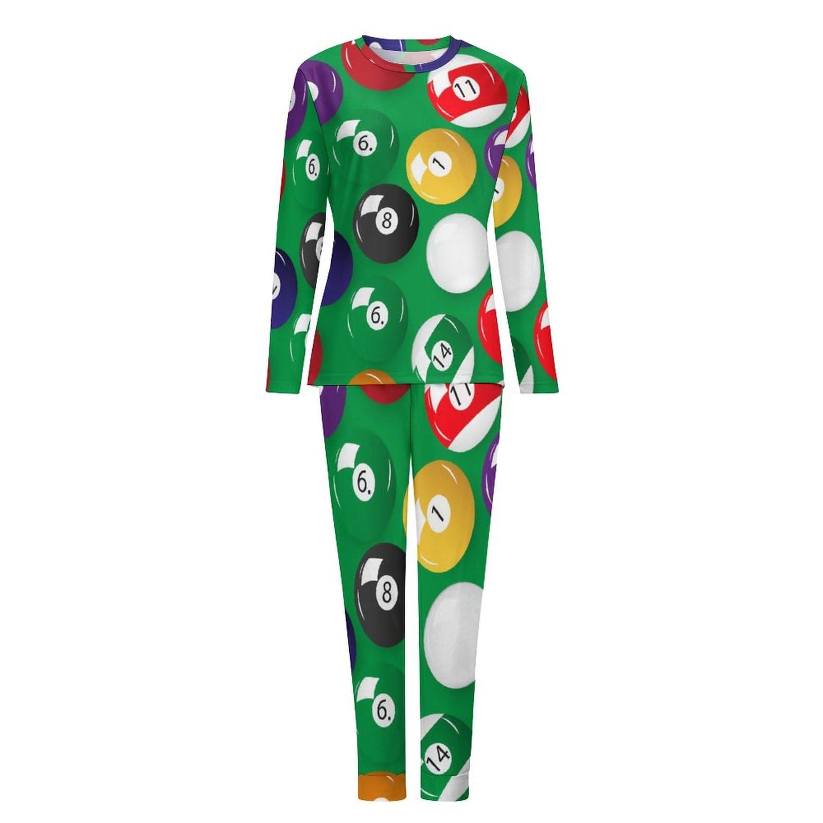 RIVNGJDE5 Billiards Pool Table Balls Comfortable Fit Pajamas for Women Set Crew Neck Breathable Lounge Sets with Pockets S