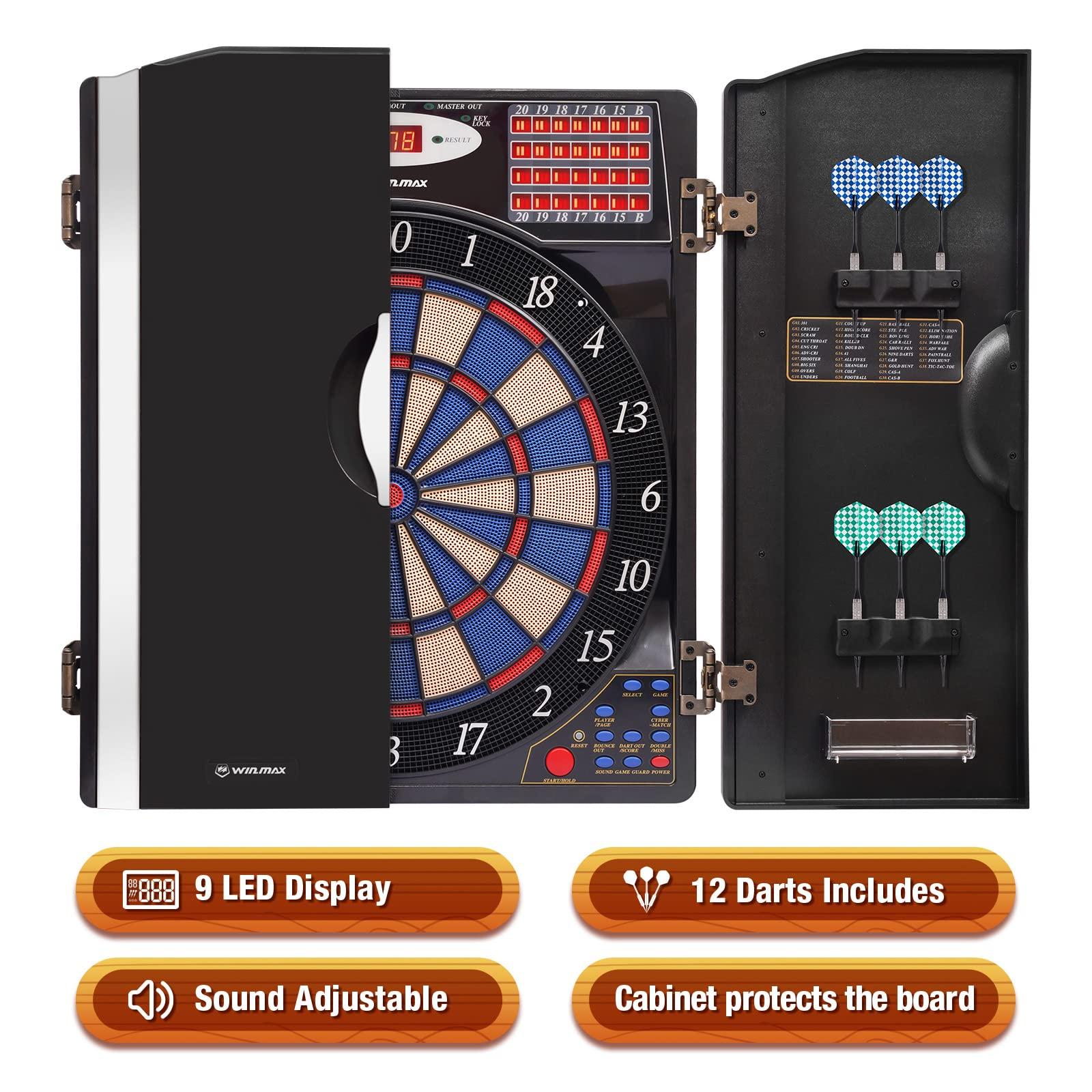 WIN.MAX WIN.MAX Electronic Dart Board Cabinet Set, LED Electric Digital Soft Tip Dart Boards for Adults with Cabinet, up to 16 Players, 38 Games and 211 Variations with 12 Soft Tip Dartboard Set (Silver)