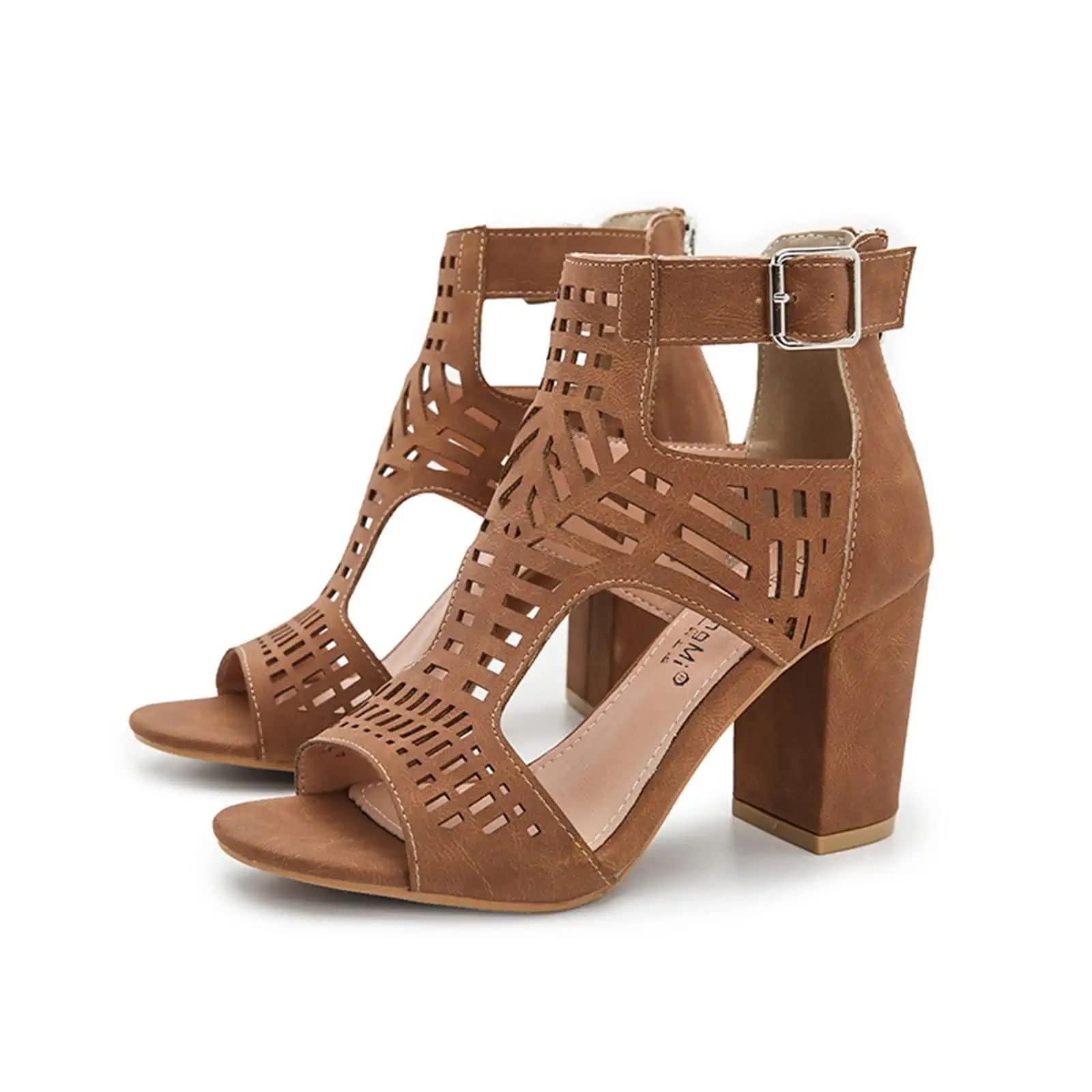 BORAMAX BORAMAX Chunky Heeled Sandals for Women Cutout Strappy Peep Toe Block Heels Buckle up Party Dressy Sandal Women Booties