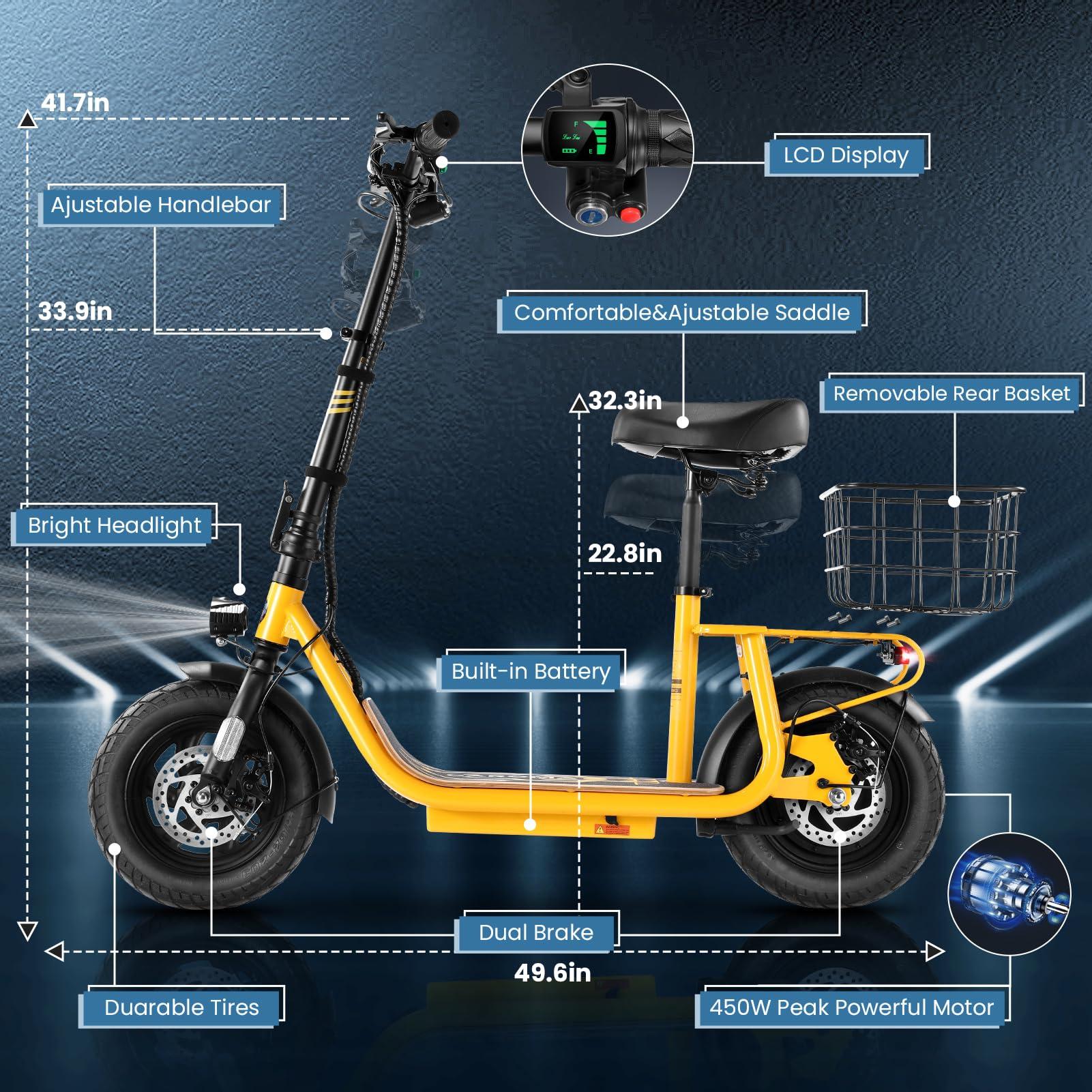 Caroma Caroma Peak 800W Electric Scooter Adults, 30 Miles Max Range, Adjustable Handlebar Height, Foldable Electric Scooter with Seat, Detachable Large Basket, Commuter E-Scooter for Adult and Teens