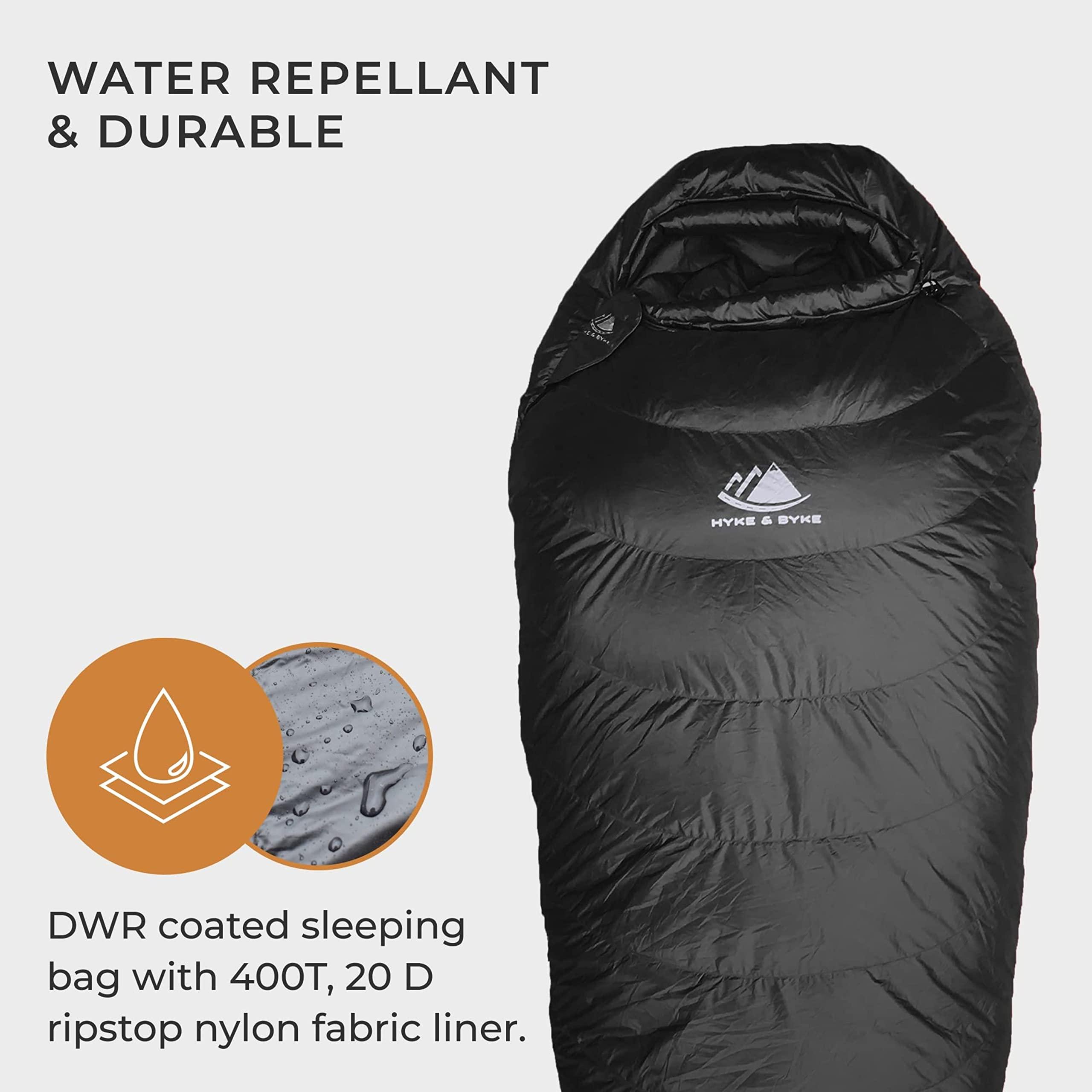 Hyke & Byke Hyke & Byke Quandary 15F Cold Weather Mummy Hiking & Backpacking Sleeping Bag - Duck Down 650 FP 3 Season Sleeping Bags for Adults - Ultralight with Compression Stuff Sack (Black, Short)