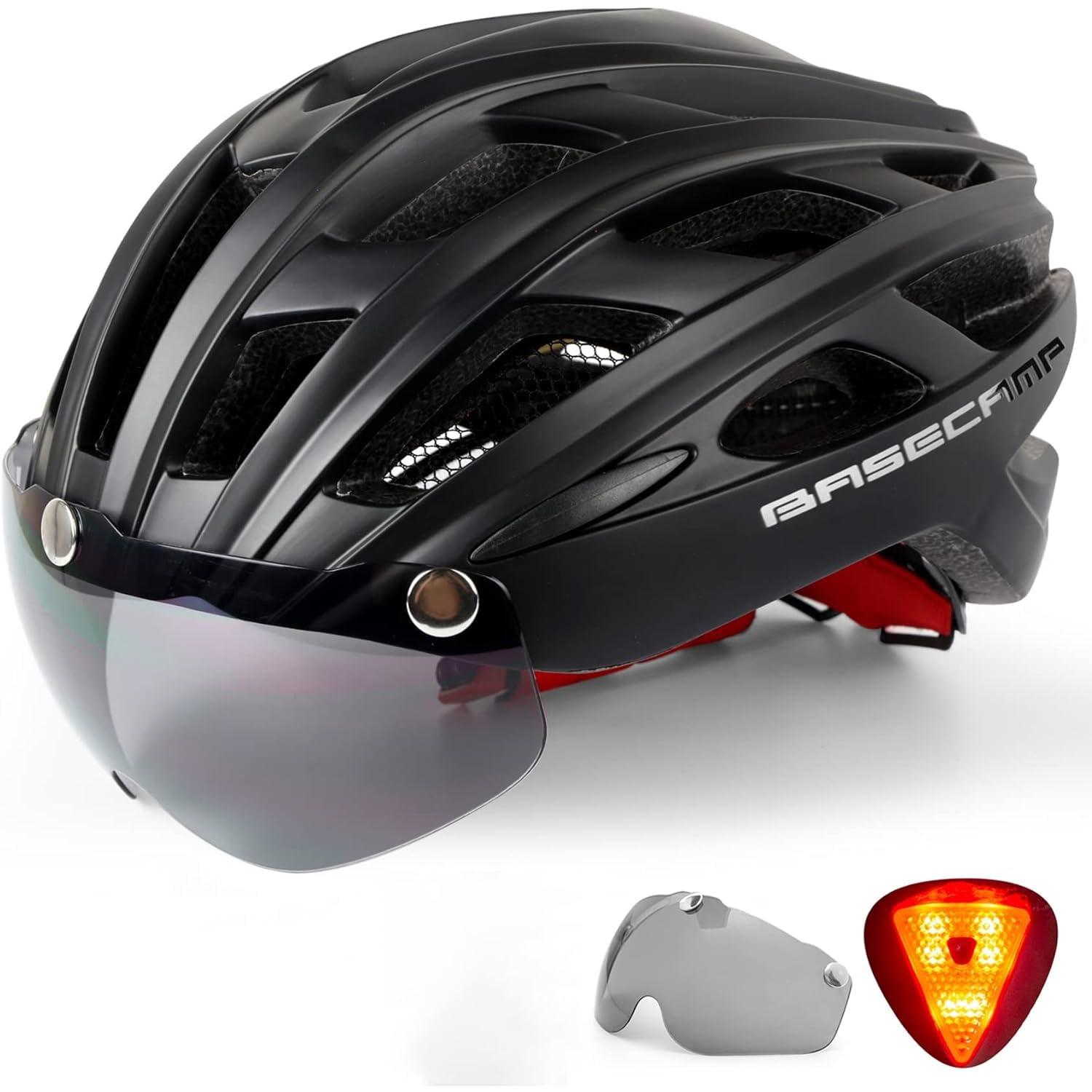 Basecamp Bike Helmet, Basecamp Bicycle Helmet with Rear Light & Detachable Magnetic Goggles Lightweight Cycling Helmet Adjustable for Adult Men Women Mountain & Road (BC-069)