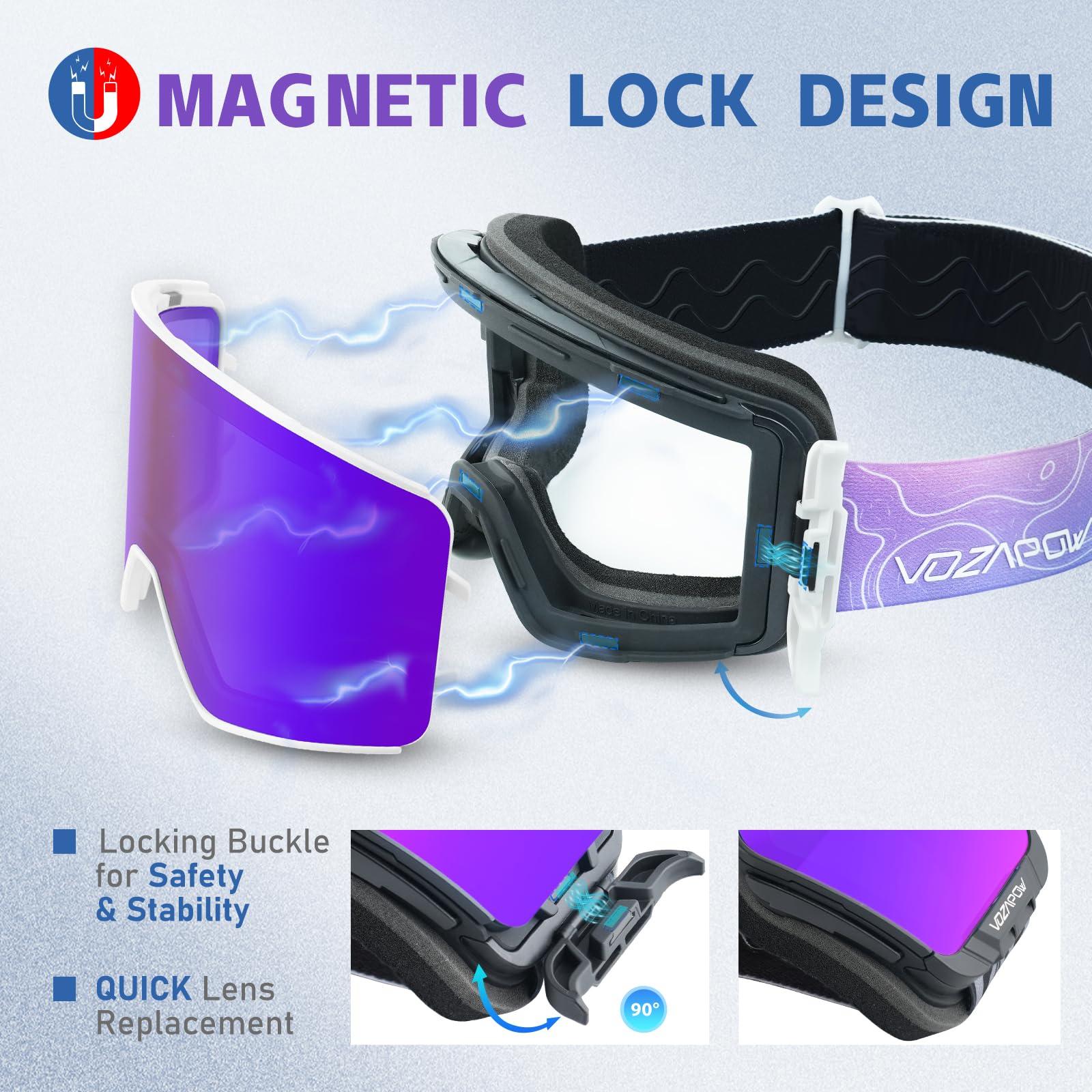 VOZAPOW VOZAPOW Ski Goggles Over Glasses Anti-Fog, Snowboard Goggles for Men Women 100% UV Protection Magnetic Interchangeable lens