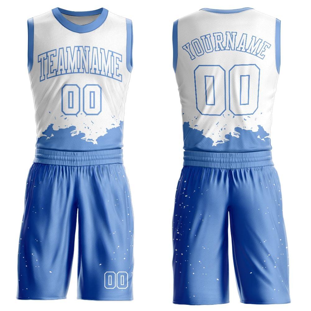 LTOCMKIY Custom Lake Blue White Basketball Jersey Shorts Polyester Personalized Basketball Practice Shirt Printed Name Number Logo for Men Women Youth Kids