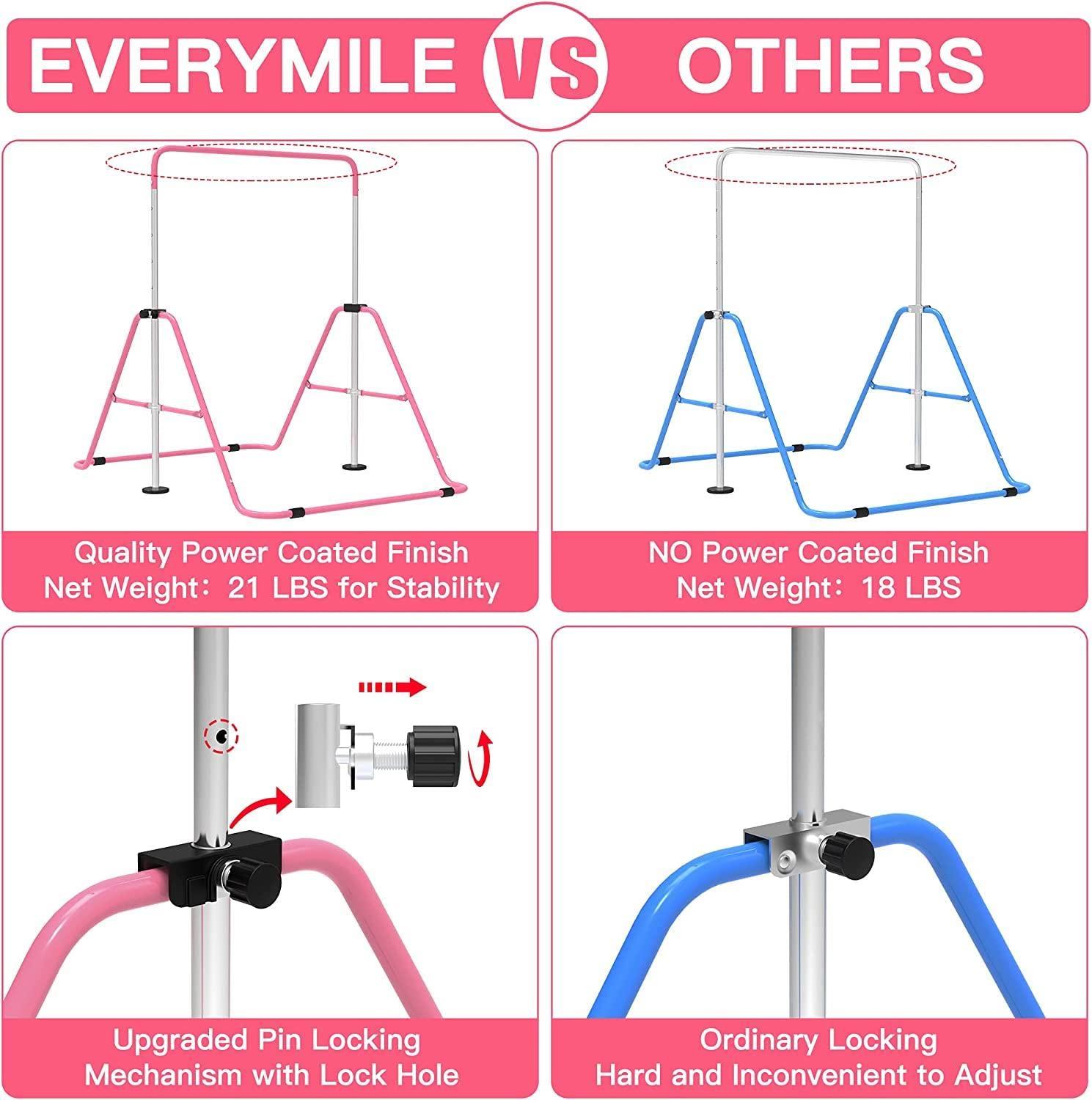 EVERYMILE EVERYMILE Gymnastics Bars for Home, Adjustable Height Folding Horizontal Bars, Junior Training Kip Bar Expandable Gym Equipment, Monkey Bar with Gymnastics Rings for Kids Gifts