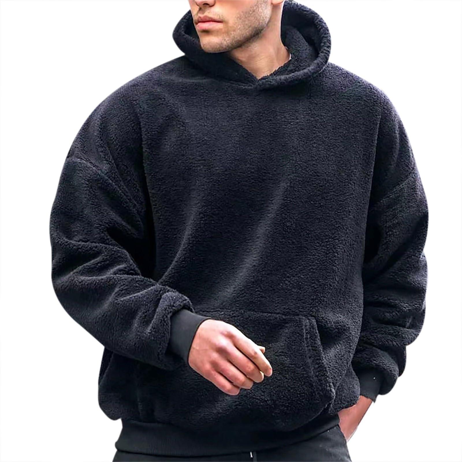 NineFit Basics Mens Fuzzy Sherpa Pullover Fleece Hoodie Long Sleeve Casual Sweatshirt with Pocket Winter Thermal Warm Hooded Teddy Coats Black