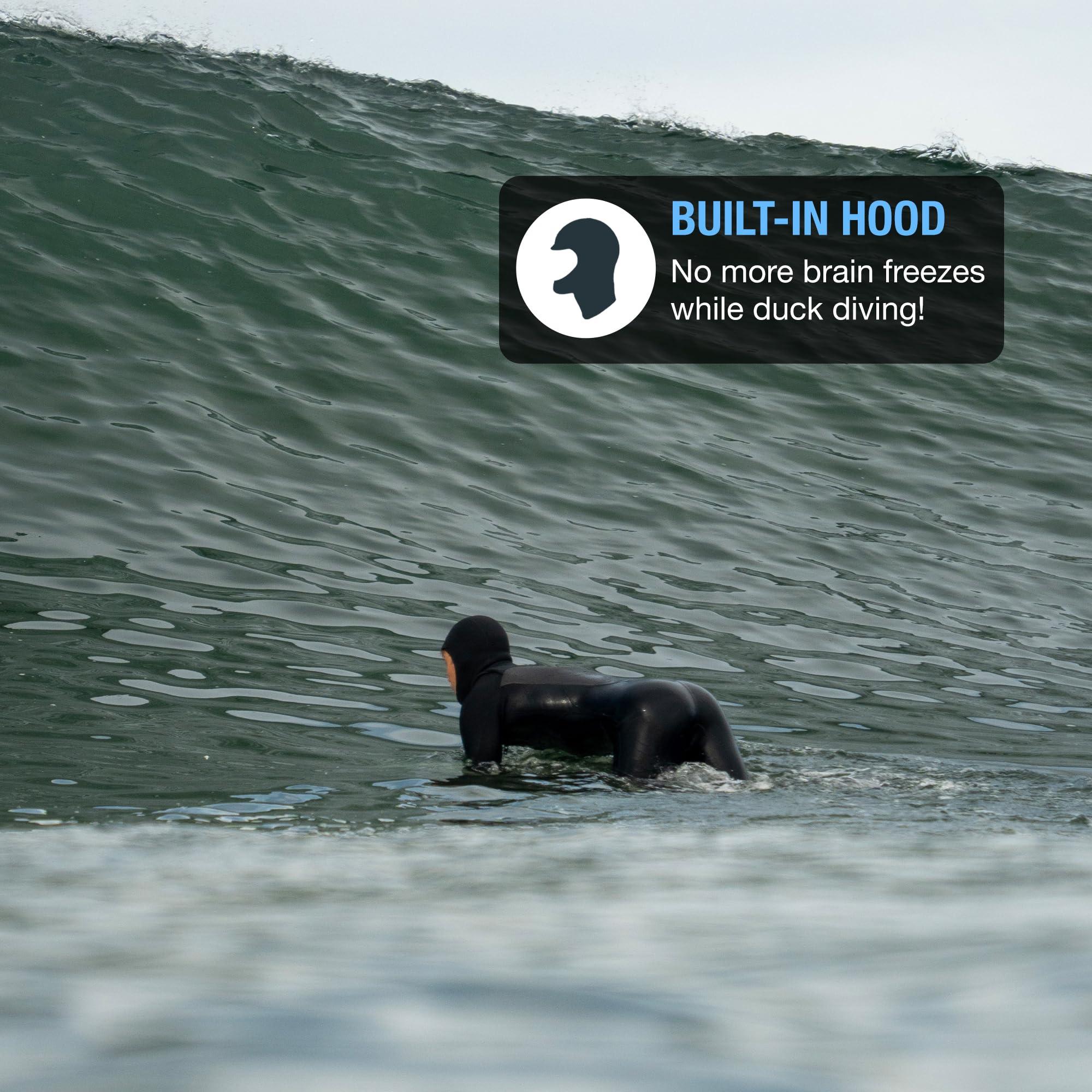 Ho Stevie! Ho Stevie! Mens 5/4mm Hooded Surfing Wetsuit - Chest Zip Fullsuit with Hood - Warm Superstretch Neoprene w/GBS Seams (Black 5/4mm, S (Small))