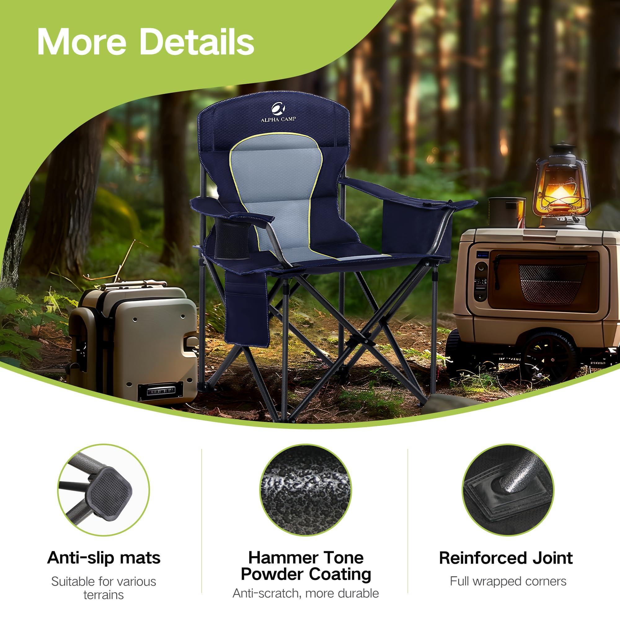 GREEN PARTY GREEN PARTY Folding Camping Chair Oversized Heavy Duty Lawn Chair with Cooler Bag, Cup Holder, Storage Pocket, Collapsible Padded Outdoor Arm Chair, Quad Lumbar Back Chair Supports 450LBS