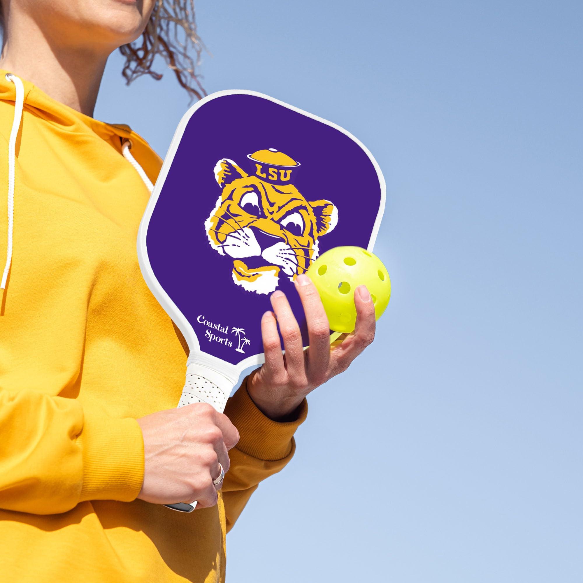 Coastal Sports LSU Pickleball Paddle | Officially Licensed Collegiate Pickleball Paddle | Honeycomb Polymer Core | Graphite Face | Premium Leather Grip | Lightweight