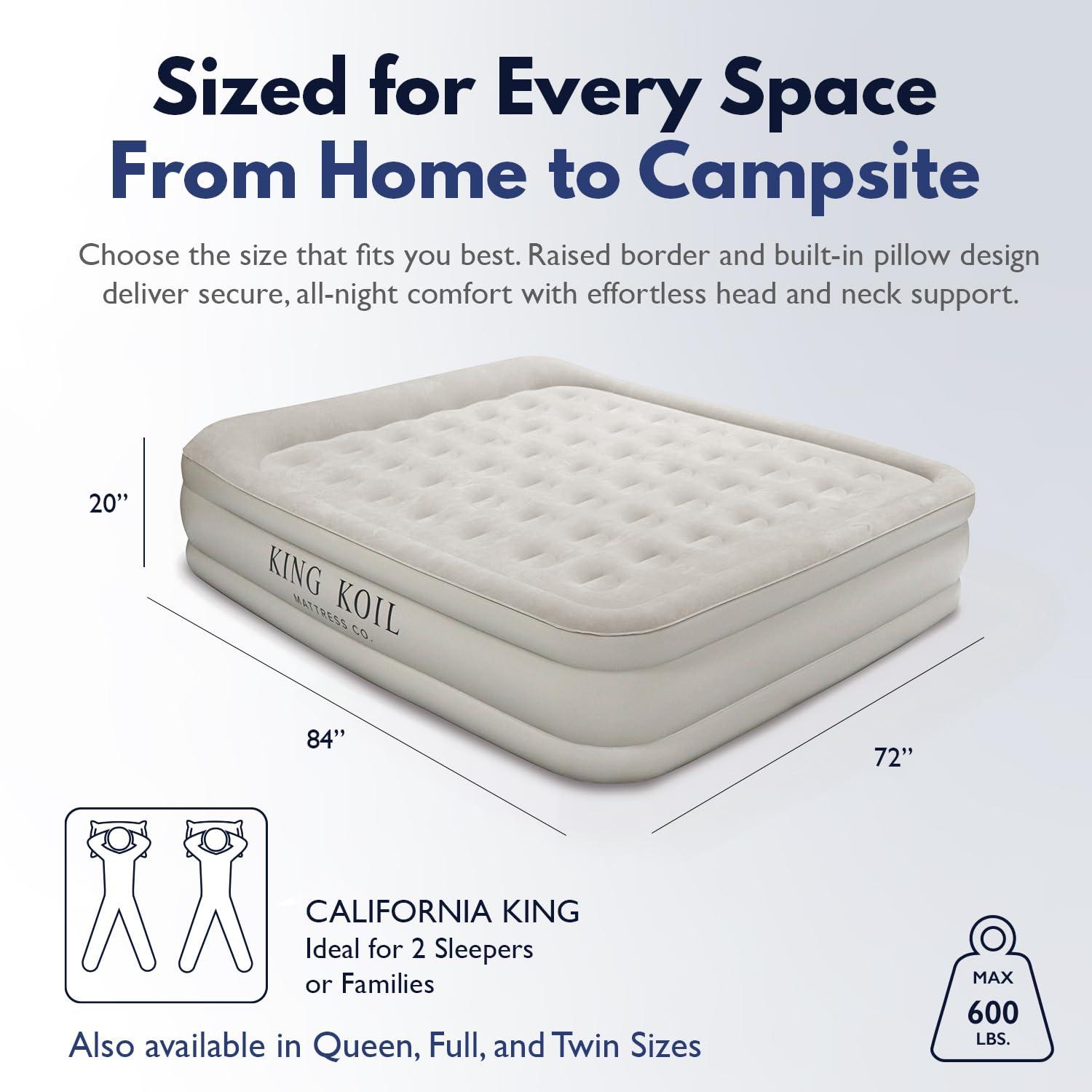 King Koil King Koil Luxury California King Air Mattress with Built-in Pump for Home, Camping & Guests - 20 King Size Inflatable Airbed Luxury Double High Adjustable Blow Up Mattress, Durable Waterproof