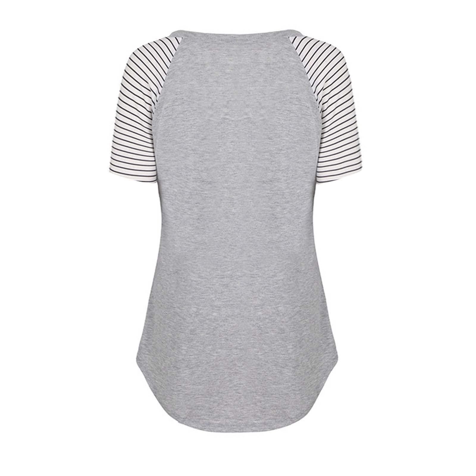 NineFit Basics Cotton Maternity Nursing Tops Short Sleeve Breastfeeding Clothes Shirt Stripe Round Neck Blouse with Pocket Gray XX-Large