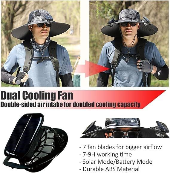Yiexson Wide Brim Solar Fan Outdoor Fishing Hat, Men Sun Hat with 2 Solar Fan Fishing Hats Summer UV Protection Wide Brim Fishing Sunscreen Sun Hat with Fan, Solar & USB Charging Solar Fan Hat(F)