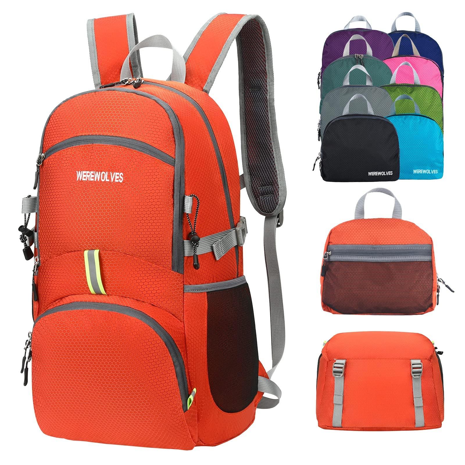 WEREWOLVES WEREWOLVES 35L Ultralight Hiking Backpack, Lightweight Foldable Water Resistant Outdoor Sports Travel Daypack for Women Men (orange, 35L)