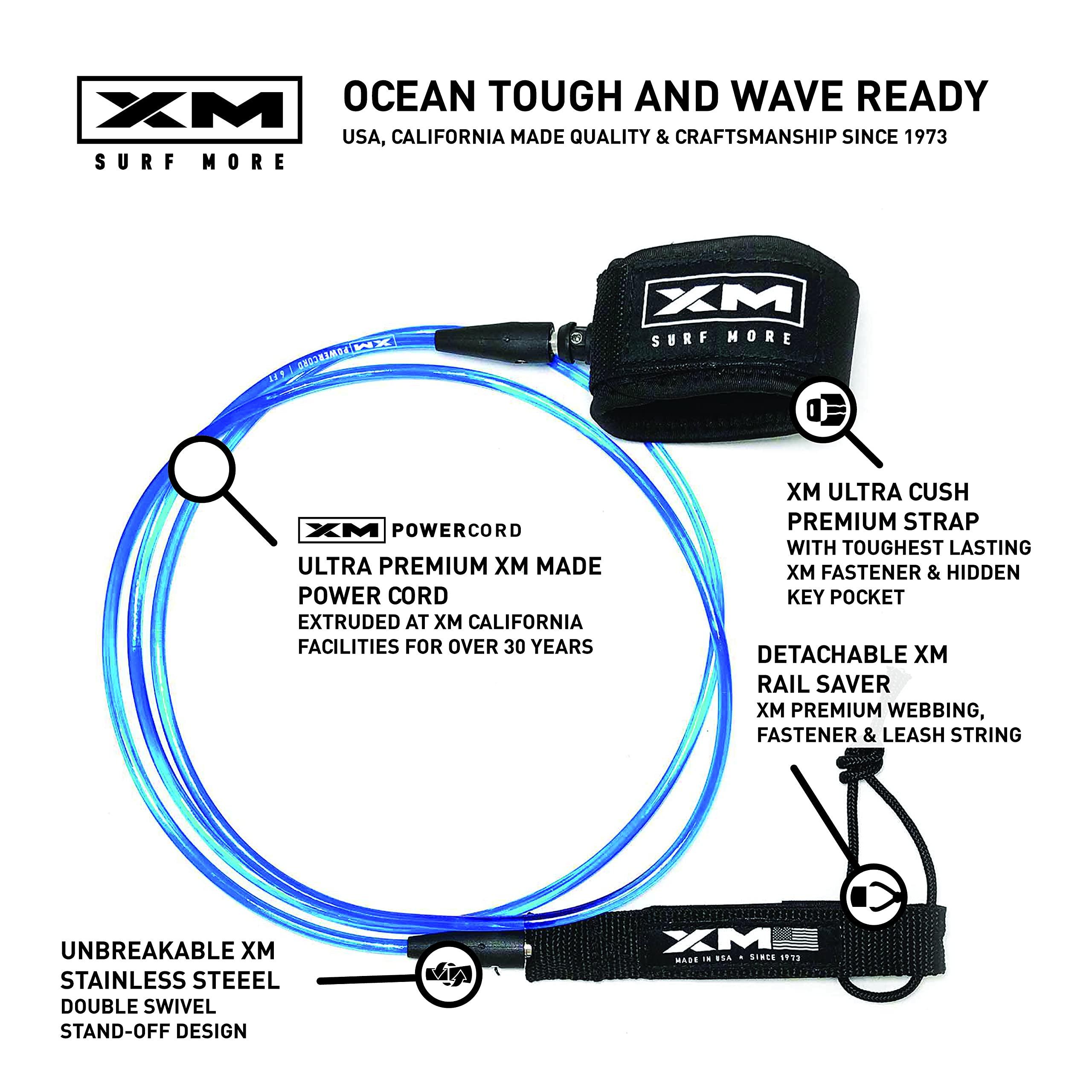XM SURF MORE XM SURF MORE Premium Surfboard Leash, 6ft, Made in USA, Comp Cord Thickness (0.220in), Key Pocket, Unbreakable Swivels, Detachable Railsaver, Blue Leash, Black Strap, Kink-Free [3 Year Warranty]